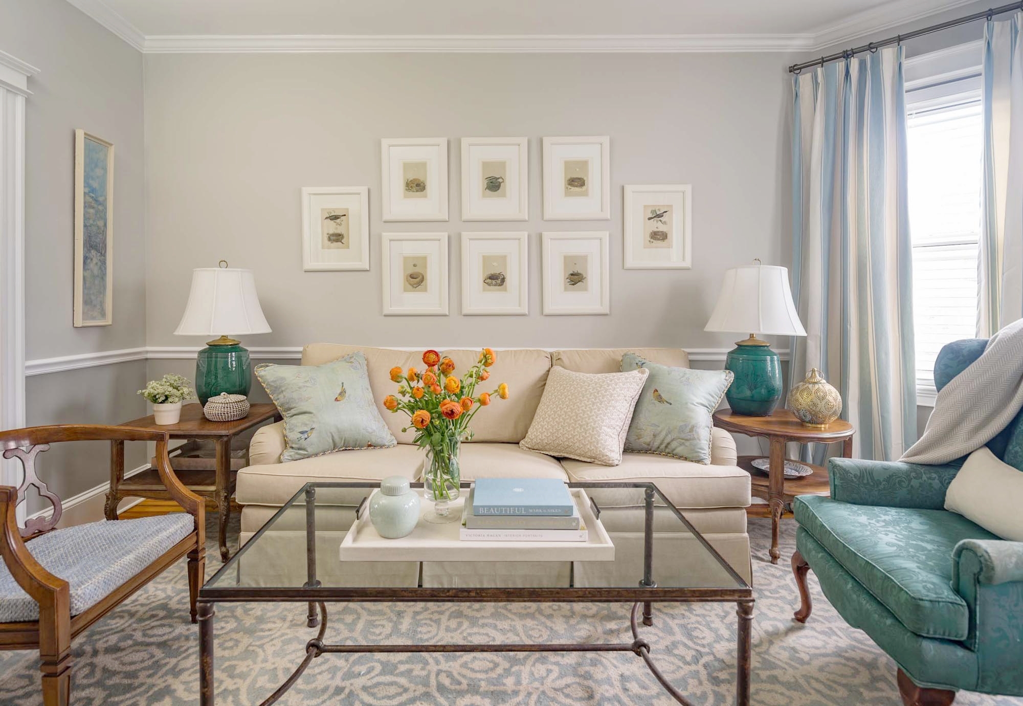 Living Room Design with large couches and glass top coffee table