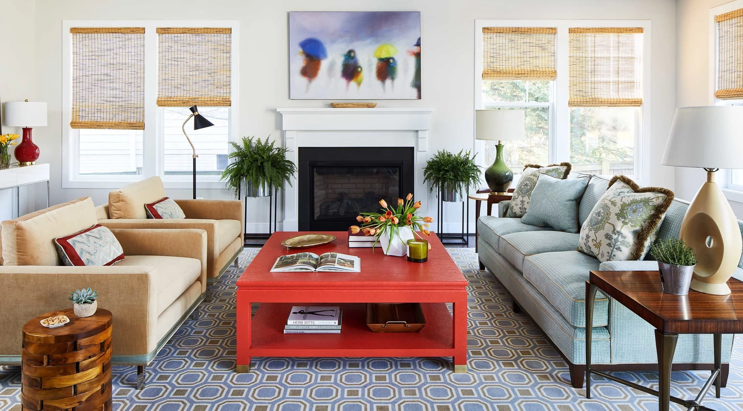 Living room with red table best of Boston Cambridge DC top-designers Dane Austin Design