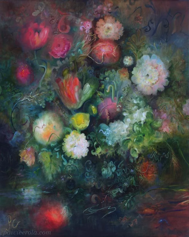 Damask, oil on canvas, abstract floral painting by Päivi Eerola, Finland