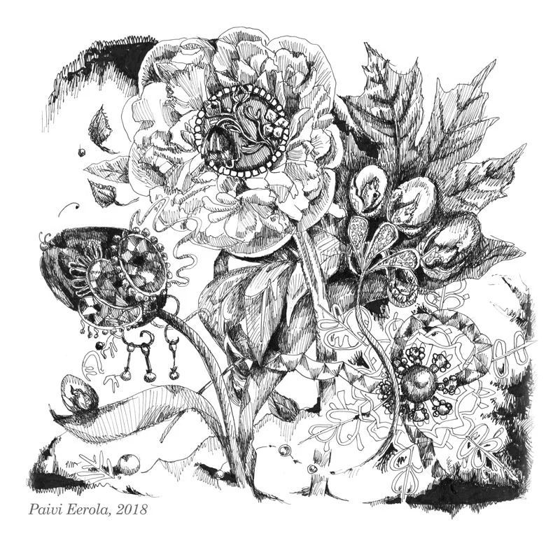 "Four Seasons Bouquet", 24 x 24 cmink drawing on paper, 2018