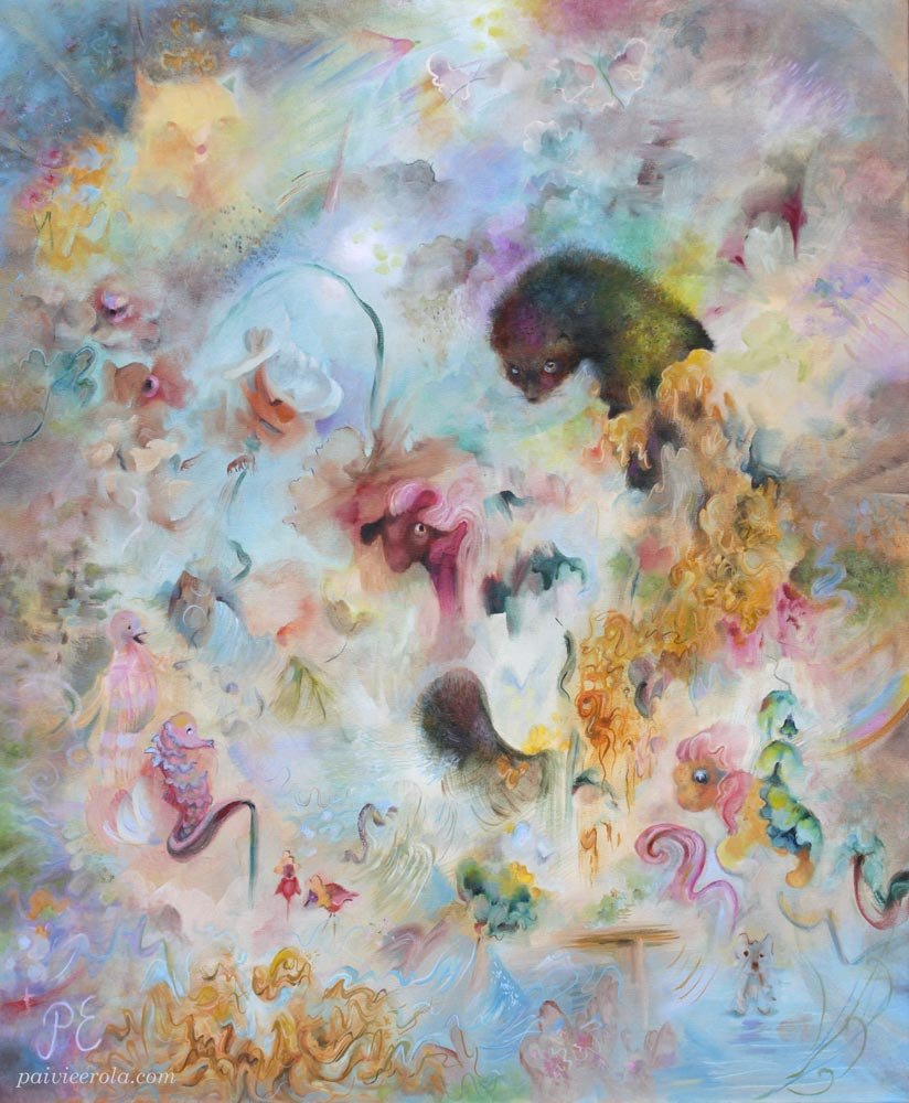 Fauna, oil on canvas, animal and toy themes, painting by Päivi Eerola