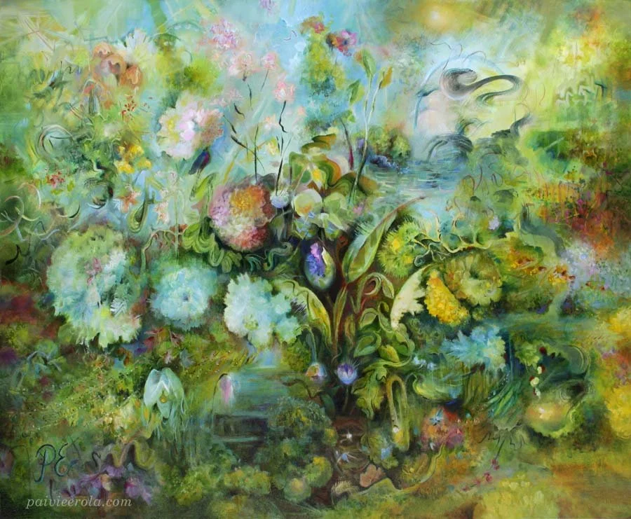 Jardin, abstract floral oil painting by Paivi Eerola, FInland