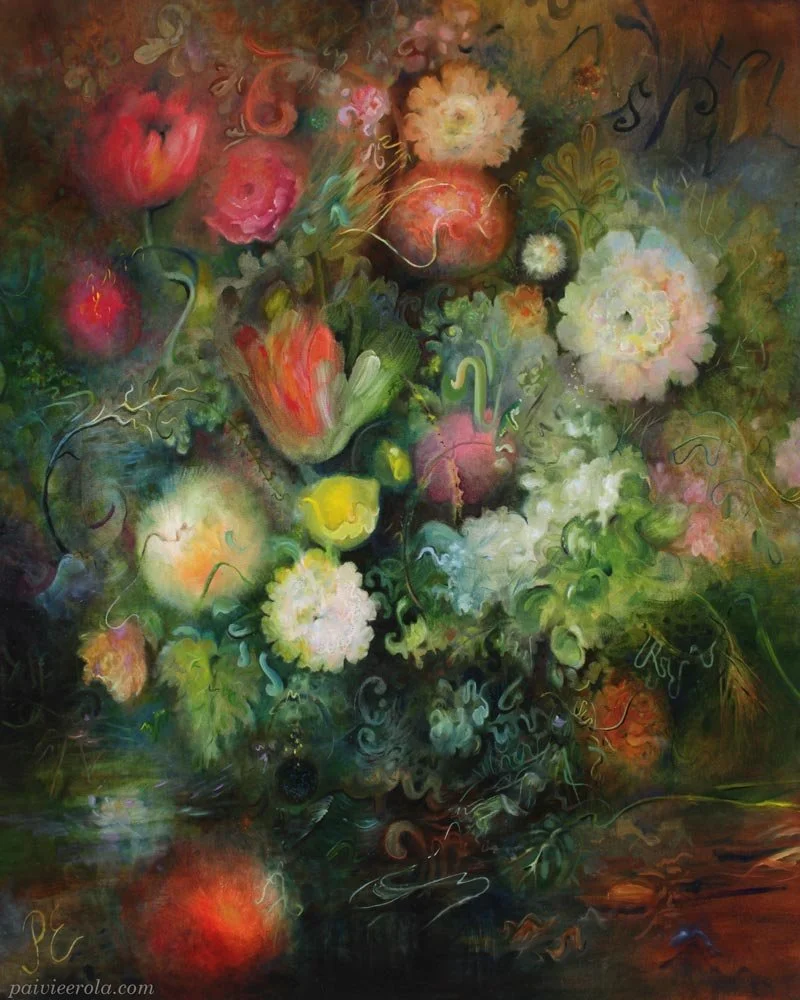 Damask, oil on canvas, abstract floral painting by Päivi Eerola, Finland
