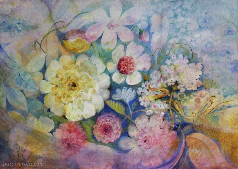 Enkelin kosketus - Touched by an Angel, floral watercolor by Päivi Eerola, Finland