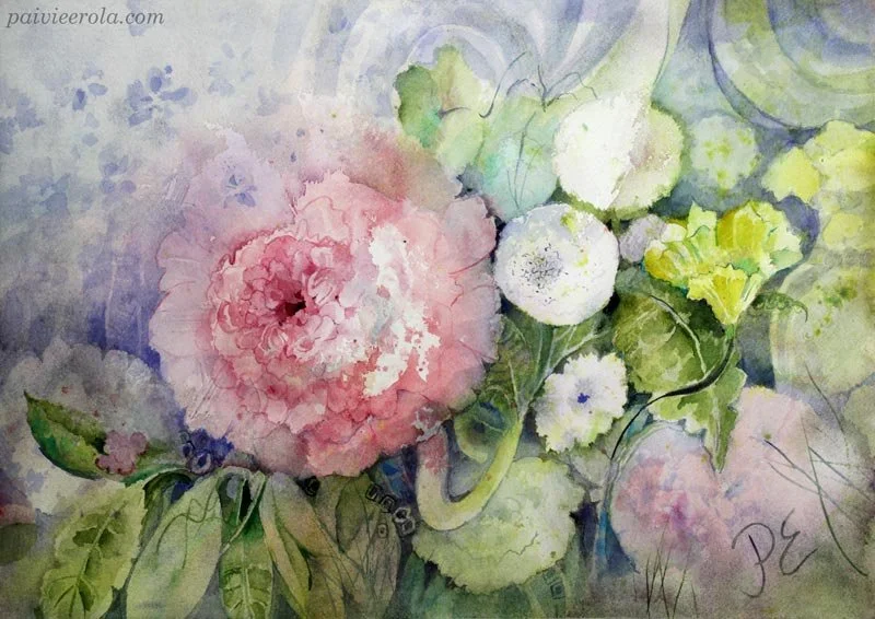 Toiveiden tuoksu - Scent of Wishes, floral watercolor painting by Päivi Eerola, Finland