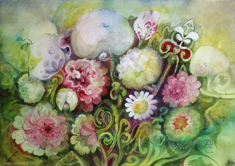 Watercolor painting "Onnen avain"- Key to Happiness, floral abstractart by Päivi Eerola, Finland