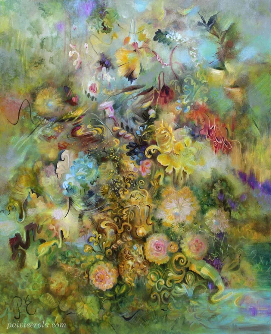 Golden, oil on canvas, abstract floral painting by Päivi Eerola