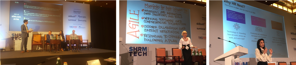 Speakers at SHRM Tech Dubai (from L to R): Panel on Future of Work with David Green, Jason Averbook, Dena Almansoori and Mark Levy; Anna Tavis and Zakaa Farhat