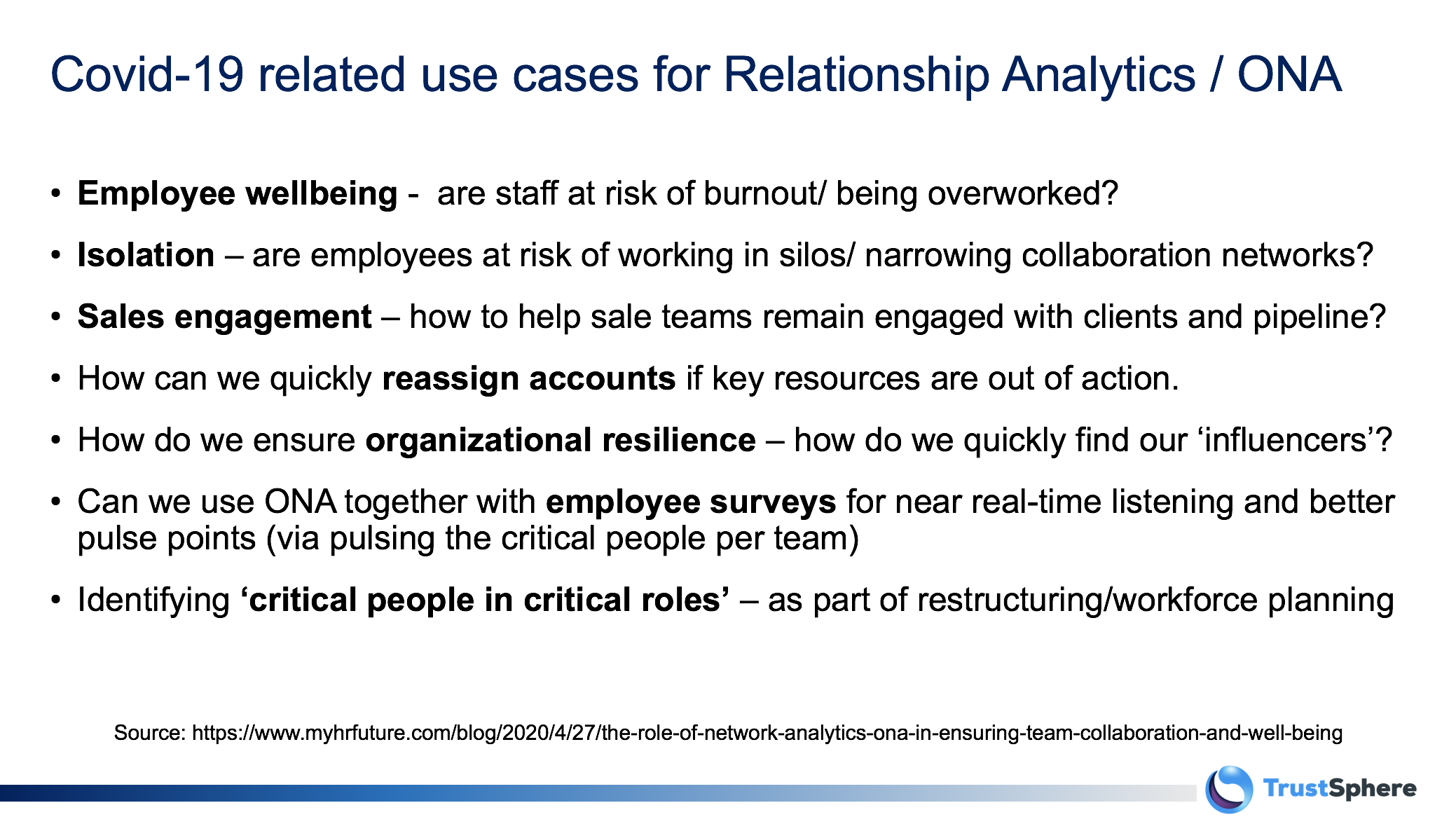 FIG 4: Covid-19 related use cases for Relationship Analytics / ONA (Source: TrustSphere)