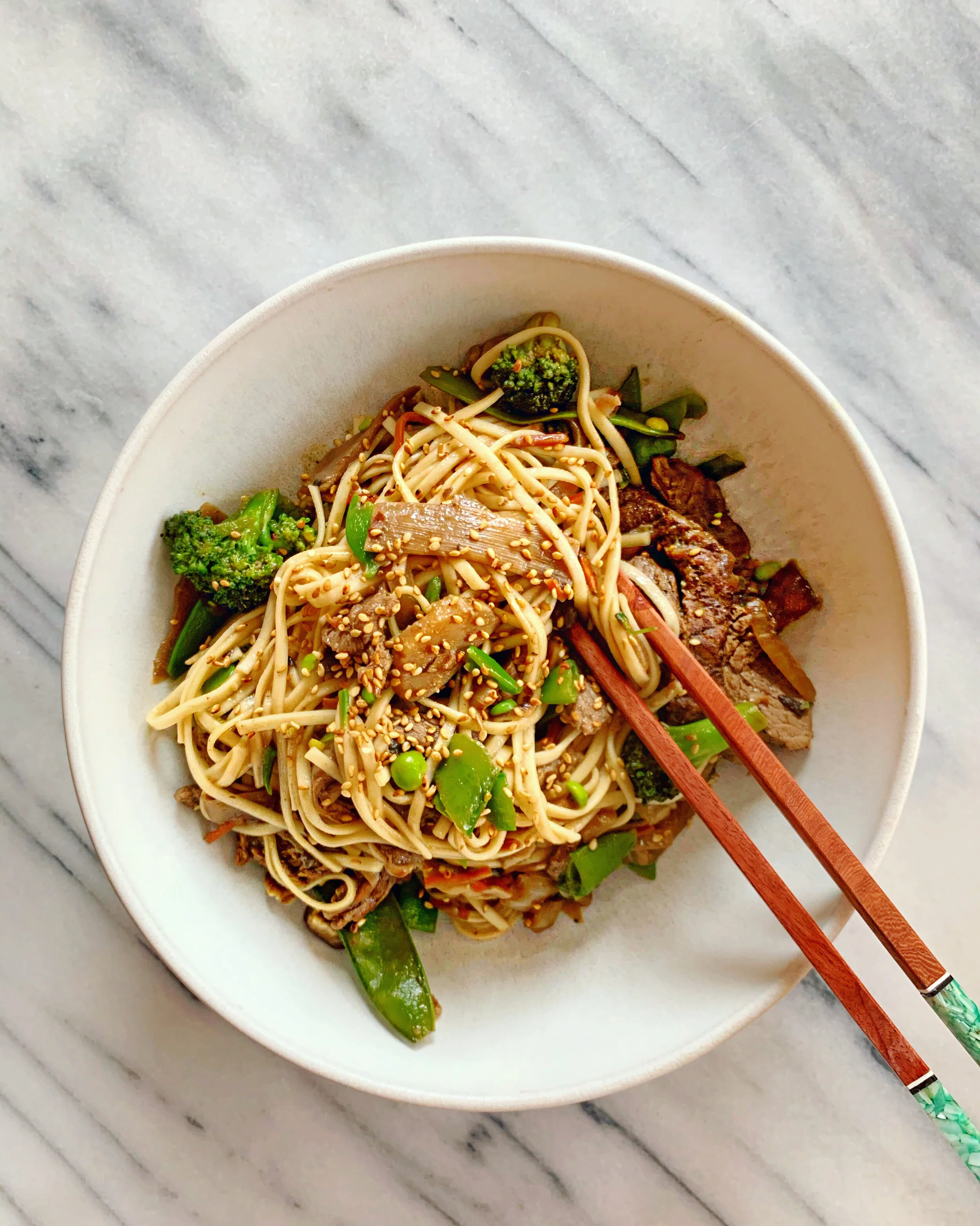 One-Pot Beef, Udon, + Snap Pea Bowls