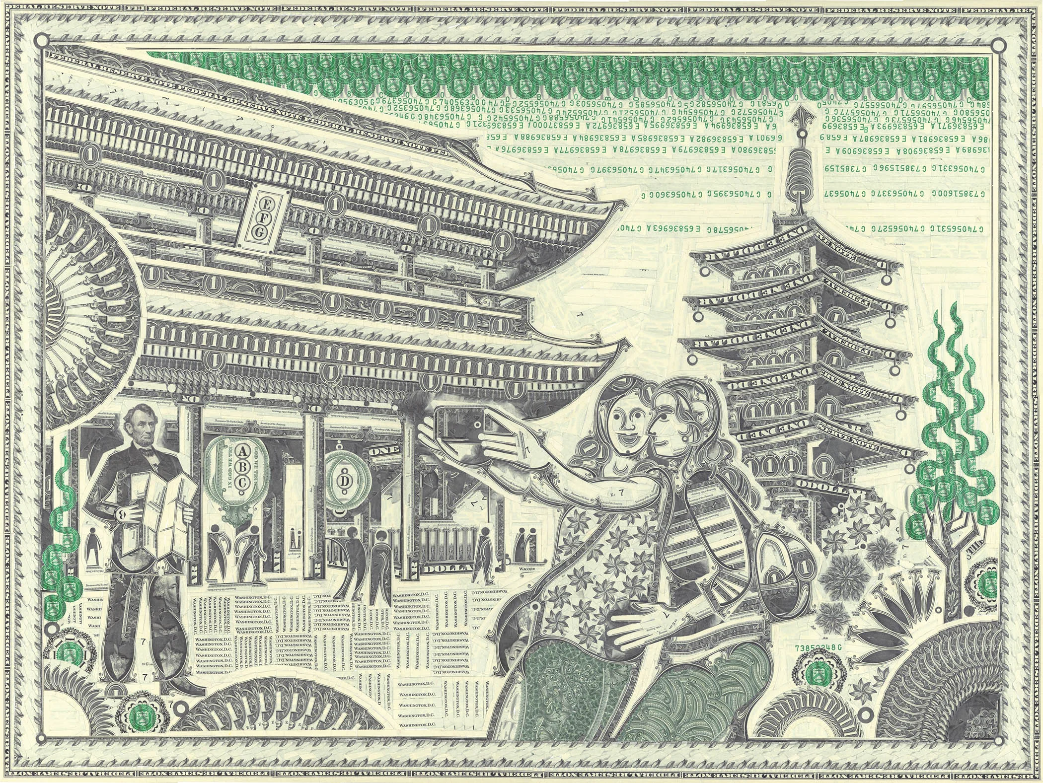 MARK WAGNER Hello from Tokyo 2015 currency collage on panel 18 x 24 inches Courtesy of Pavel Zoubok Gallery, New York, NY