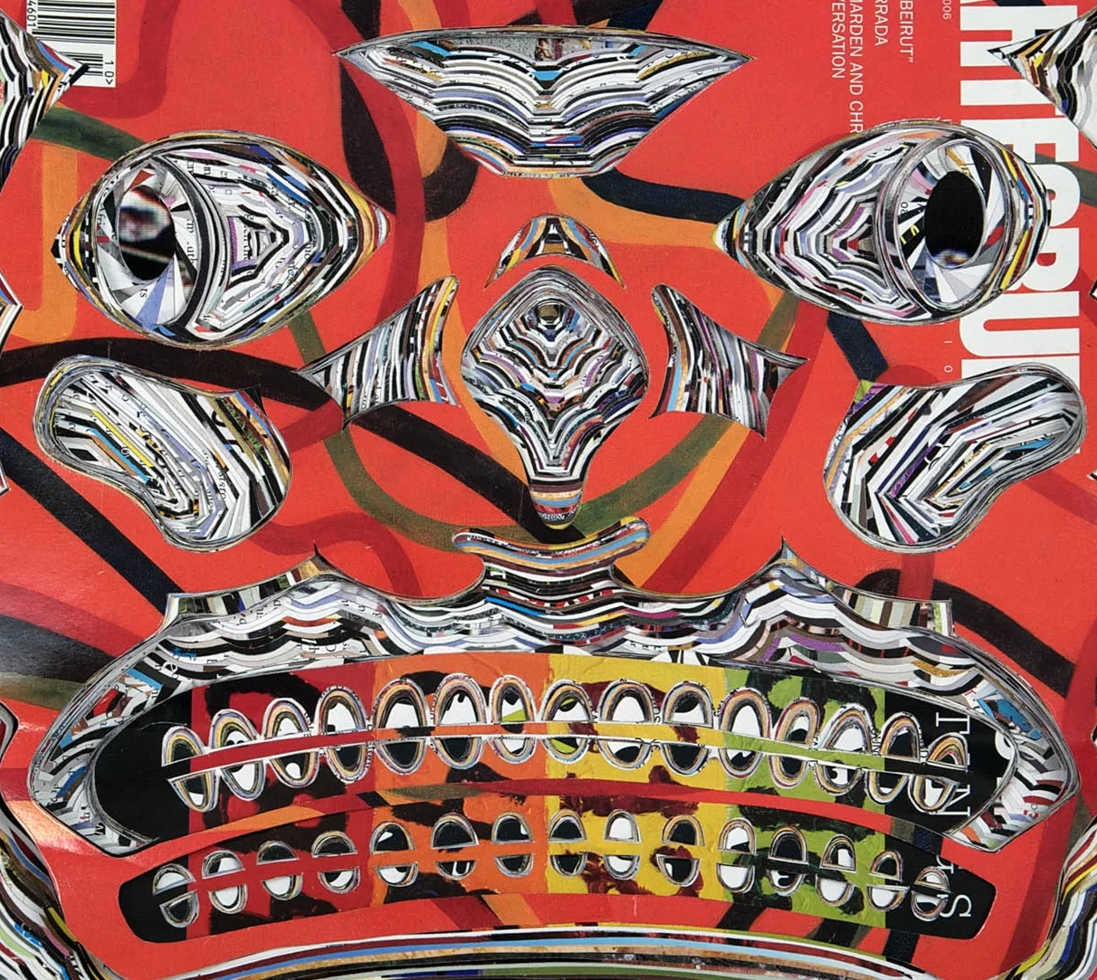 FRANCESCA PASTINE ARTFORUM 50 Hindsight, Mask Series 2014 cut Artforum magazine, Plexiglass 15 x 16.25 x 6 inches Courtesy of Eleanor Harwood Gallery, San Francisco, CA