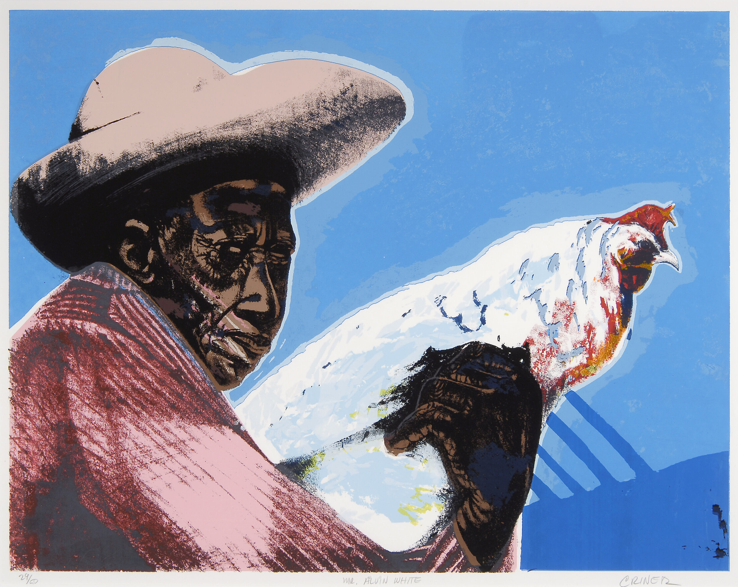  CHARLES CRINER (born 1945)  Mr. Alvin White (Man with Chicken)  1998 Color screen print Edition no. 29/50 17-3/4 x 22-1/2 inches Courtesy of The Kelley Collection 