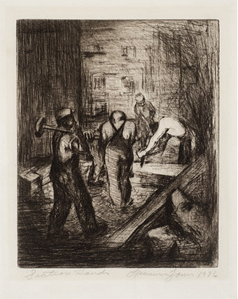  LAWRENCE ARTHUR JONES   (1910-1996)&nbsp; Section Hands , 1936 etching 5.9 x 4.9 in. Courtesy of the Kelley Collection 