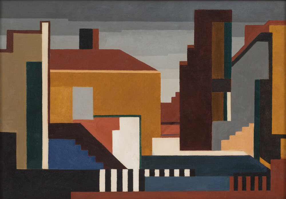   COREEN MARY SPELLMAN  (American 1095-1978),  Untitled [Cityscape], n.d. , Oil on canvas board, 14 ½ x 20 inches, Courtesy of the Albritton Collection 