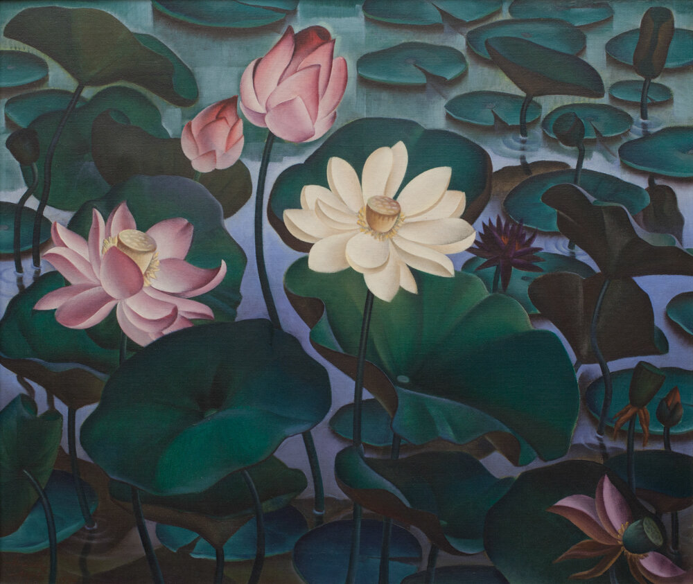   ALEXANDER HOGUE  (American, 1898-1994),  Yonkopin and Sacred Lotus , 1931, oil on canvas, 24 x 30 inches, Courtesy of the Albritton Collection 