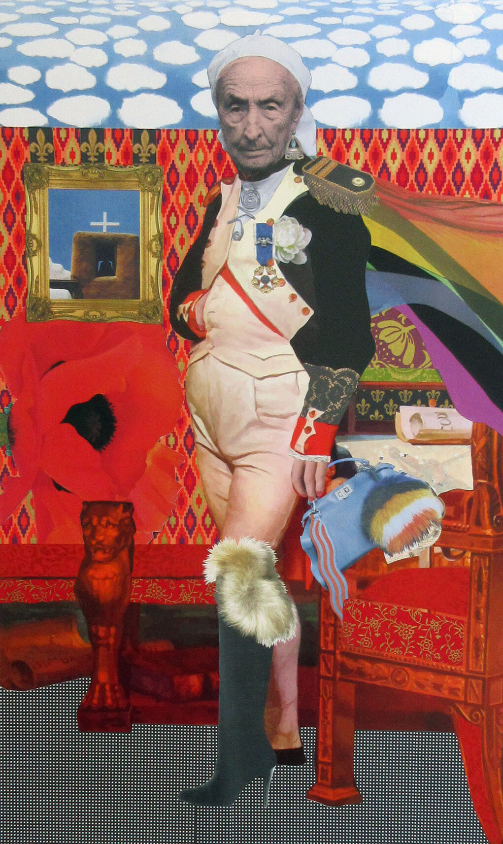   RHONDA URDANG  , Georgia O’Keeffe (Presidential Medal of Freedom, 1977) , 2020, Mixed Media Collage, historical elements, NY Times, ink, 48” x 29” 