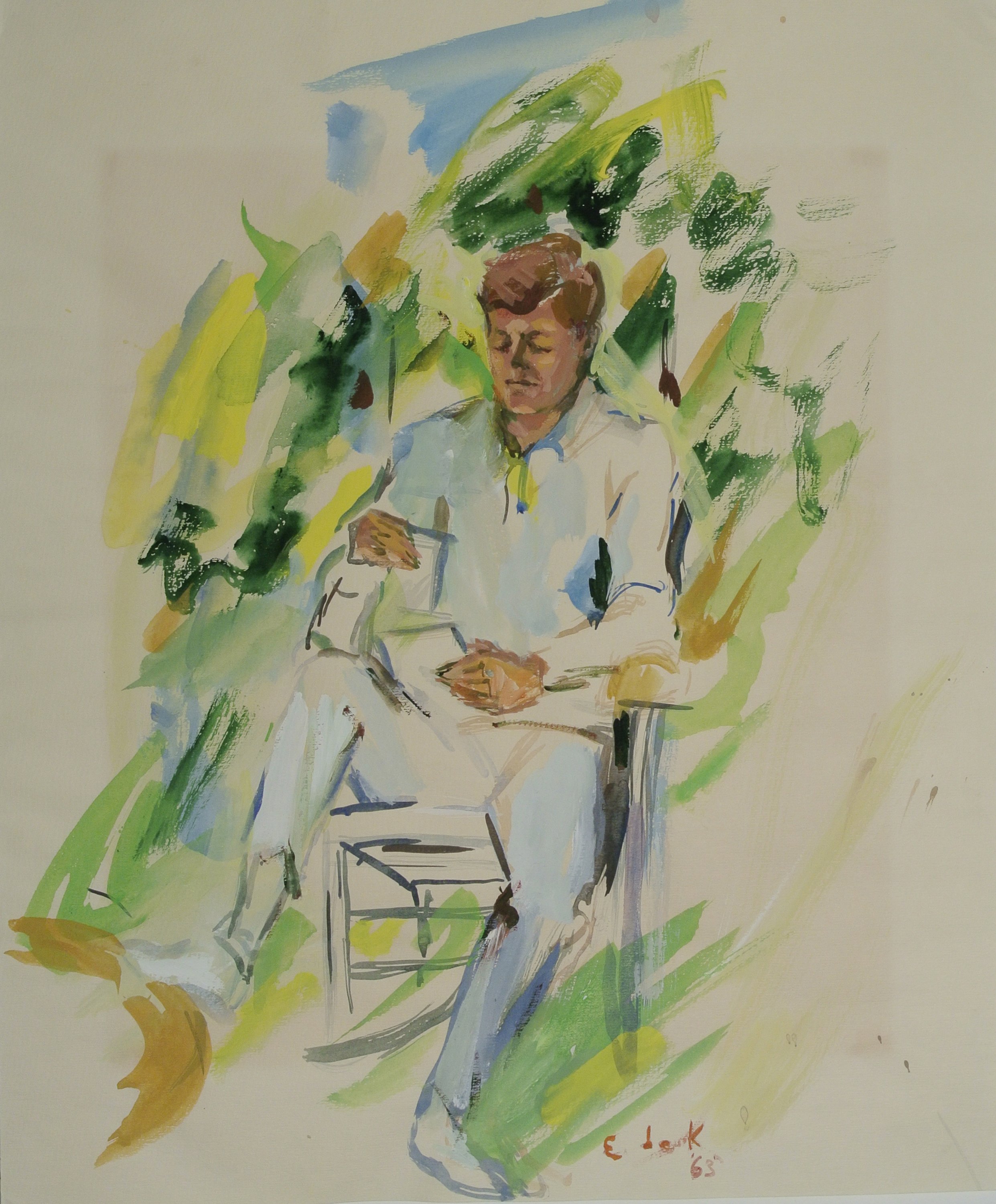   ELAINE de KOONING,  (American, 1918–1989),  Portrait of John F. Kennedy , 1963, Watercolor on paper, 18 x 14 7/8 inches, Gift of Mrs. Malcolm Shelton 