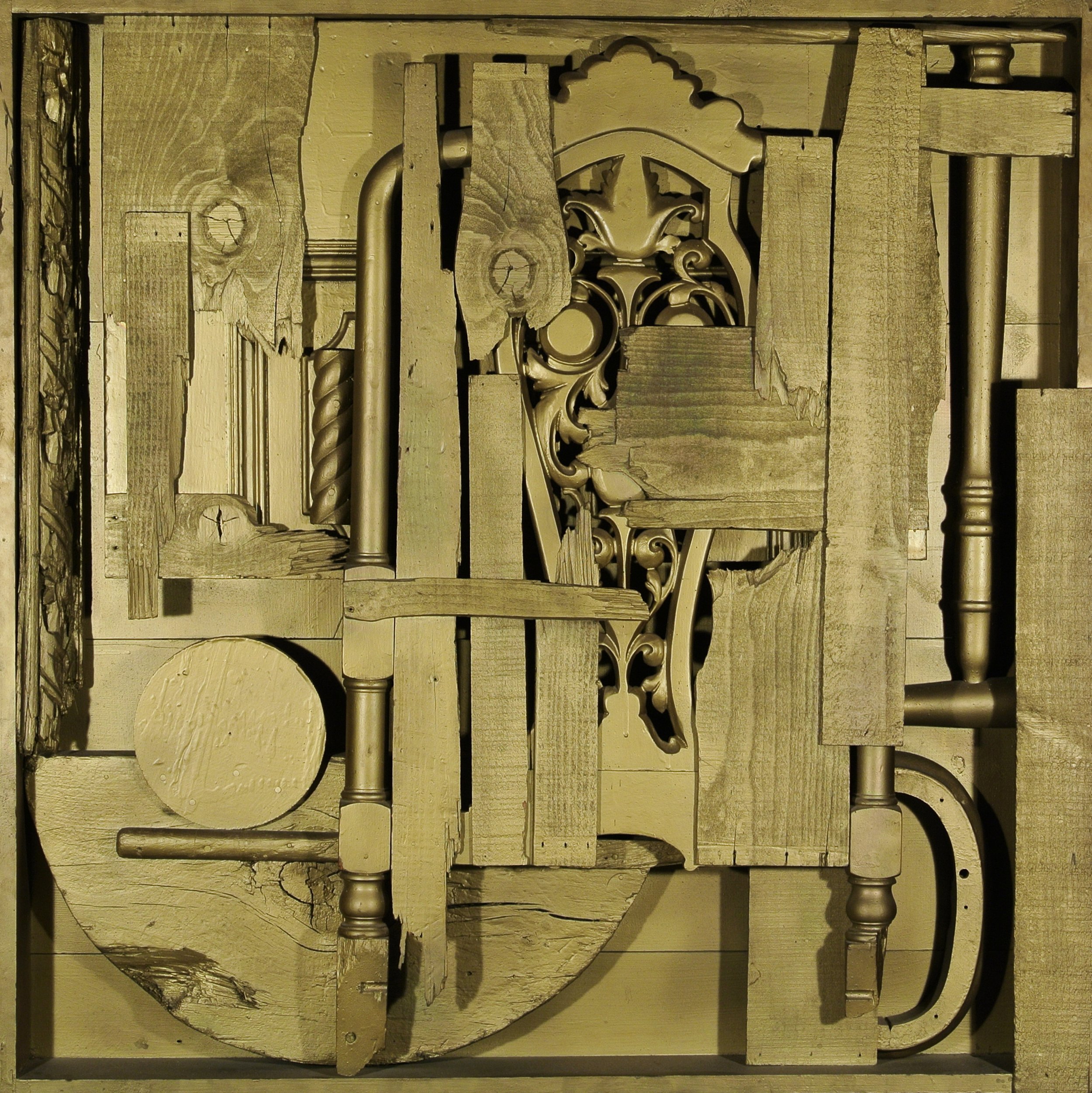   LOUSIE NEVELSON ,   (American, 1899-1988),  Golden Odyssey , 1961, Painted wood, 39 ½ x 39 ½ x 4 ¾ inches, Bequest of Vera Beth Hicks 