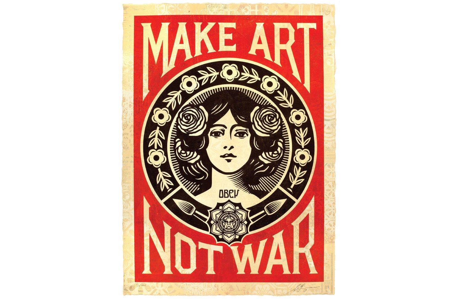   Shepard Fairey,   Make Art Not War , 2019  Silkscreen and mixed media collage on paper, 30 x 41 inches 