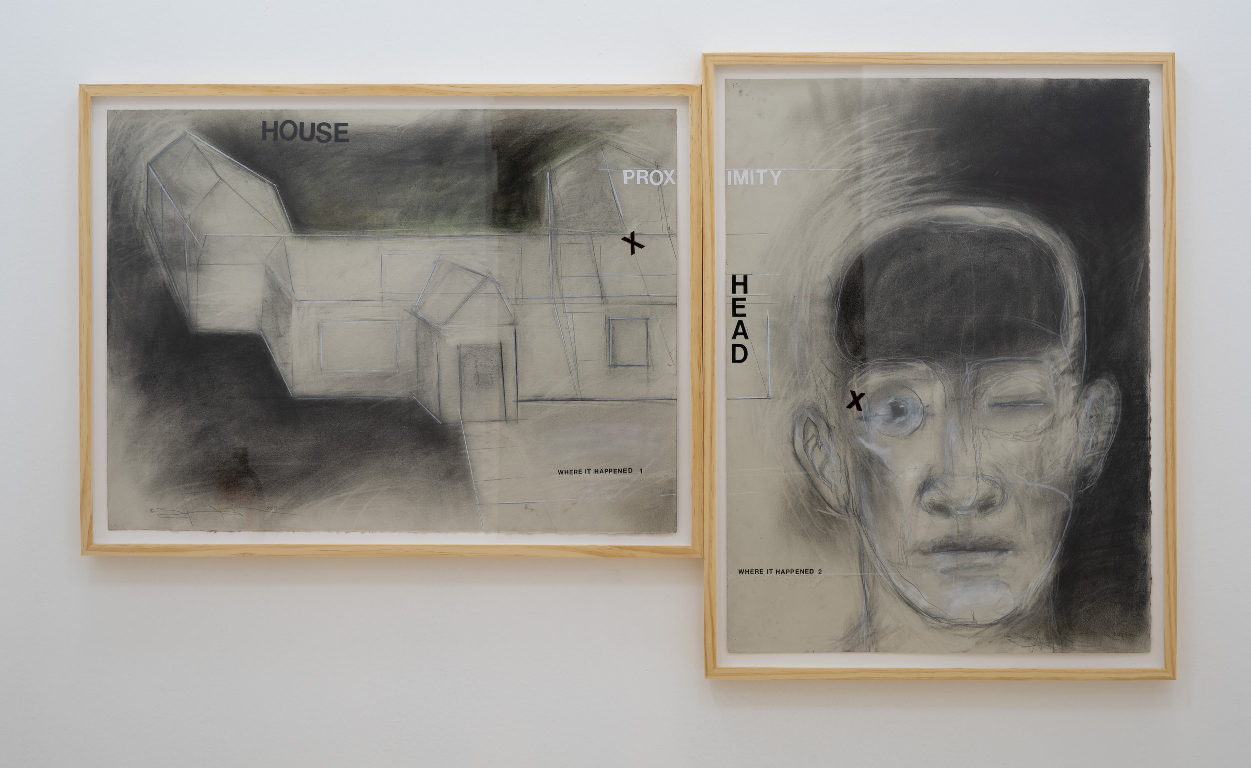   Terry Allen,    Proximity (diptych),      2019,  Graphite, pastel, gouache, colored pencil, press type, collage on paper, 32 ¾ x 57 ½ inches  Courtesy of the artist and L.A. Louver Gallery 