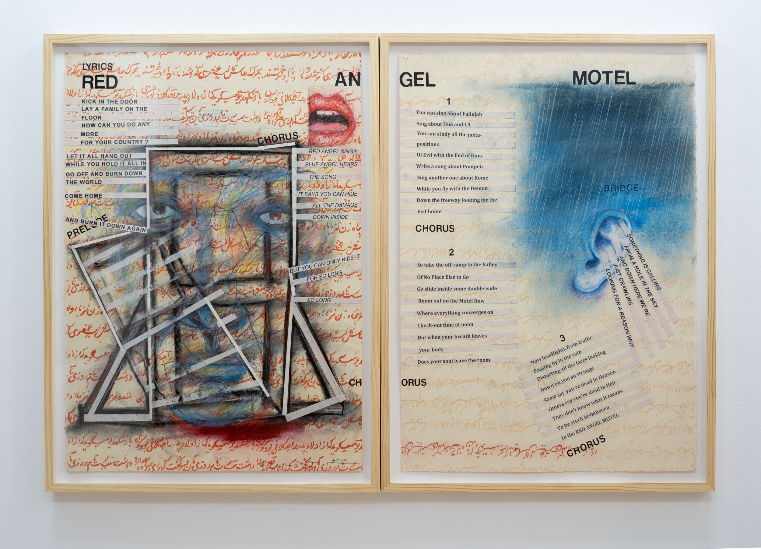   Terry Allen   Red Angel Motel,  2019 Mixed media on paper, 2 panels, 32 ¾ x 24 ¾ inches each  Courtesy of the artist and L.A. Louver Gallery 