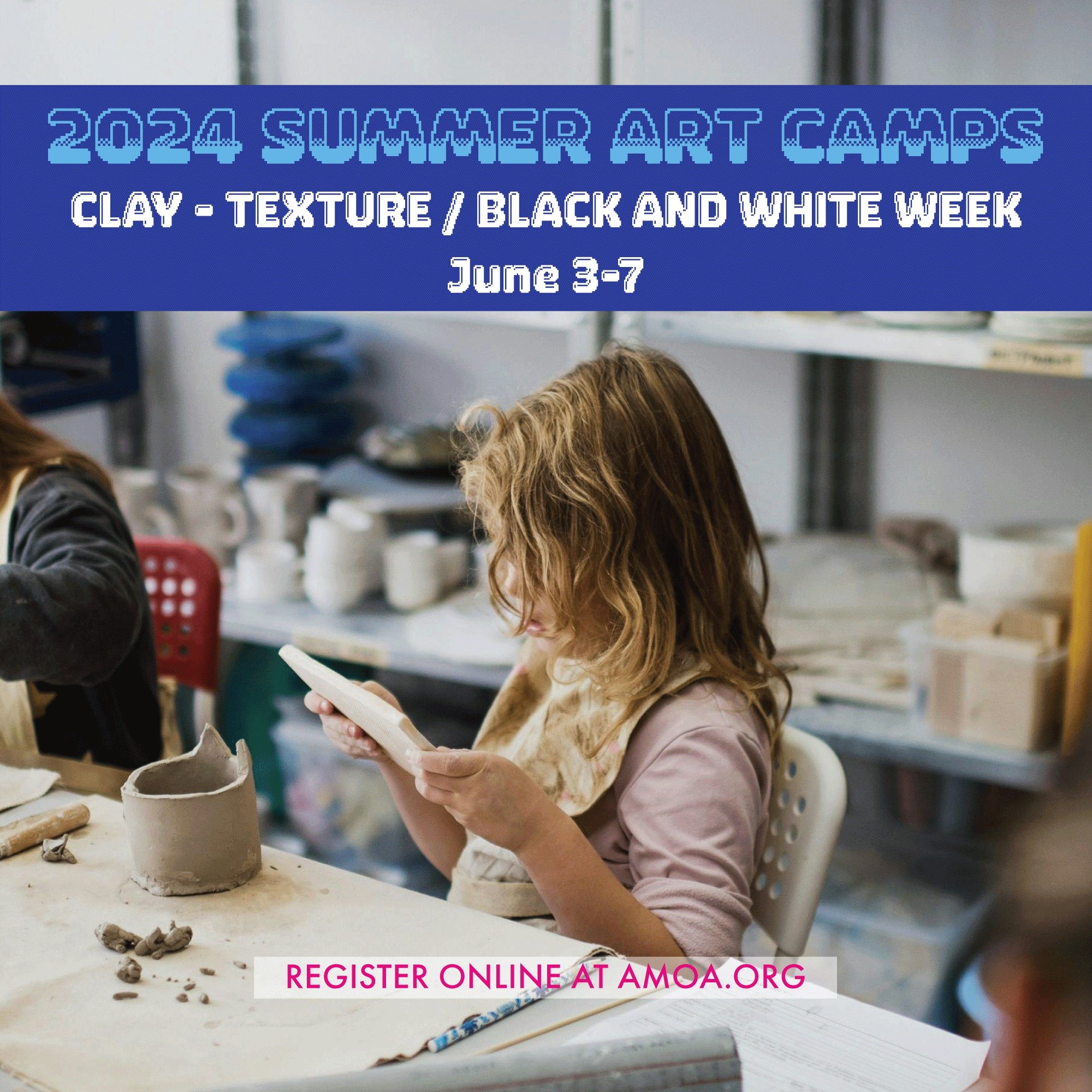 Clay - Texture / Black and White week is a great introductory camp for kids to learn the basics of handbuilding with clay. Students will explore techniques like stamping and carving to create textured surfaces for their sculptural vessels in clay and