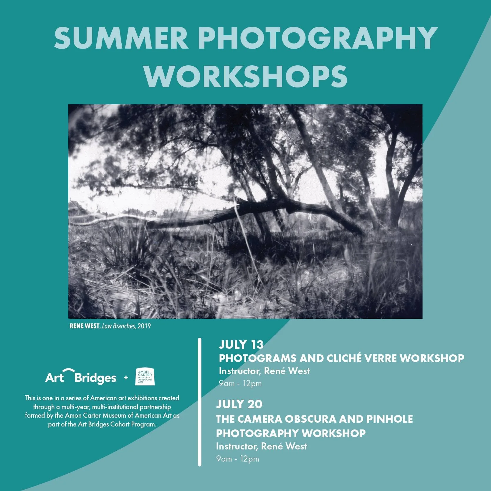 AMoA is partnering with Amarillo College Associate Professor of Photography, Ren&eacute; West, for two photography workshops in July.  The workshops will be held at Amarillo College and will conclude at AMoA with a tour of the exhibition, Photography