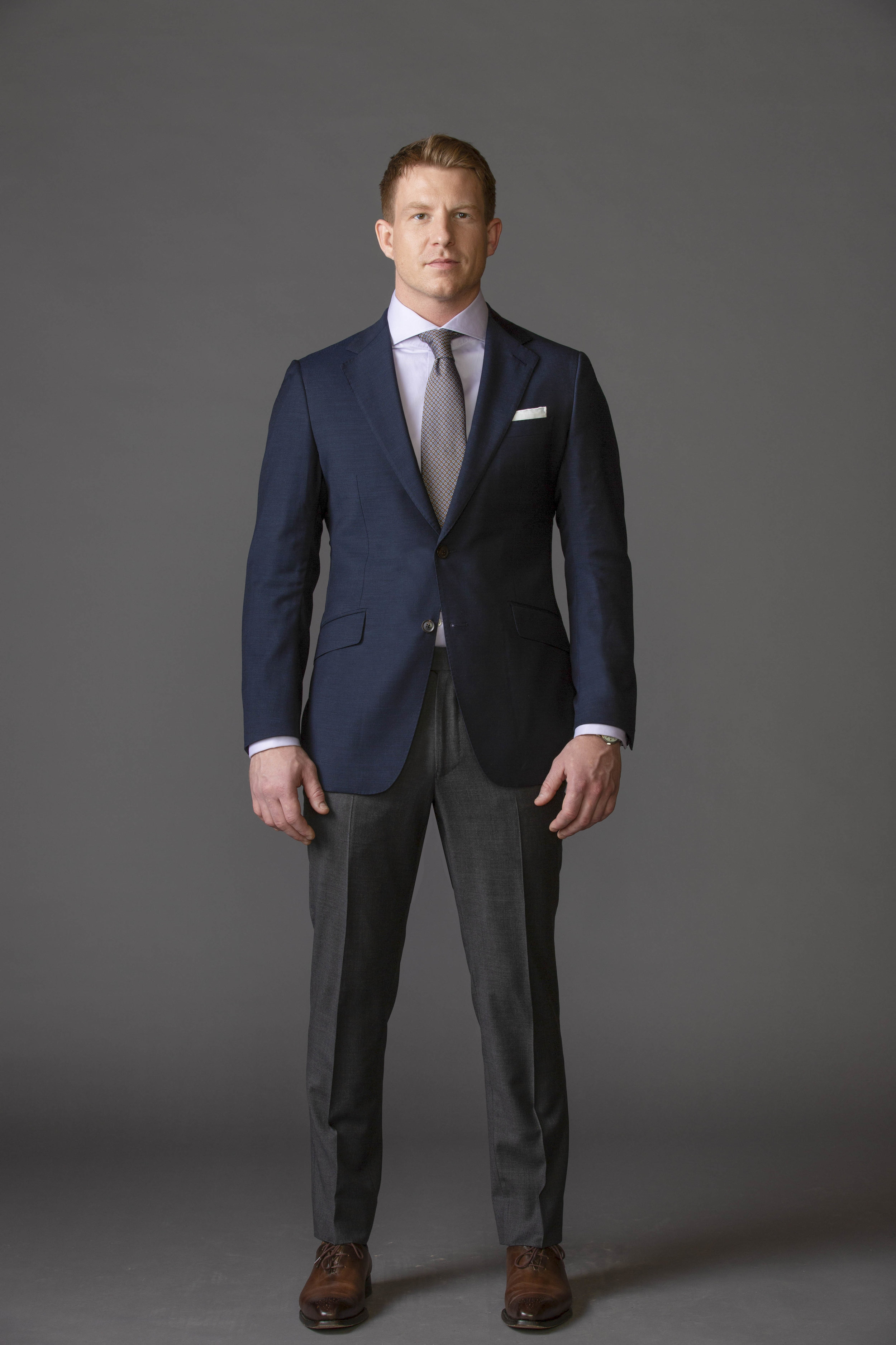 grey slacks navy jacket