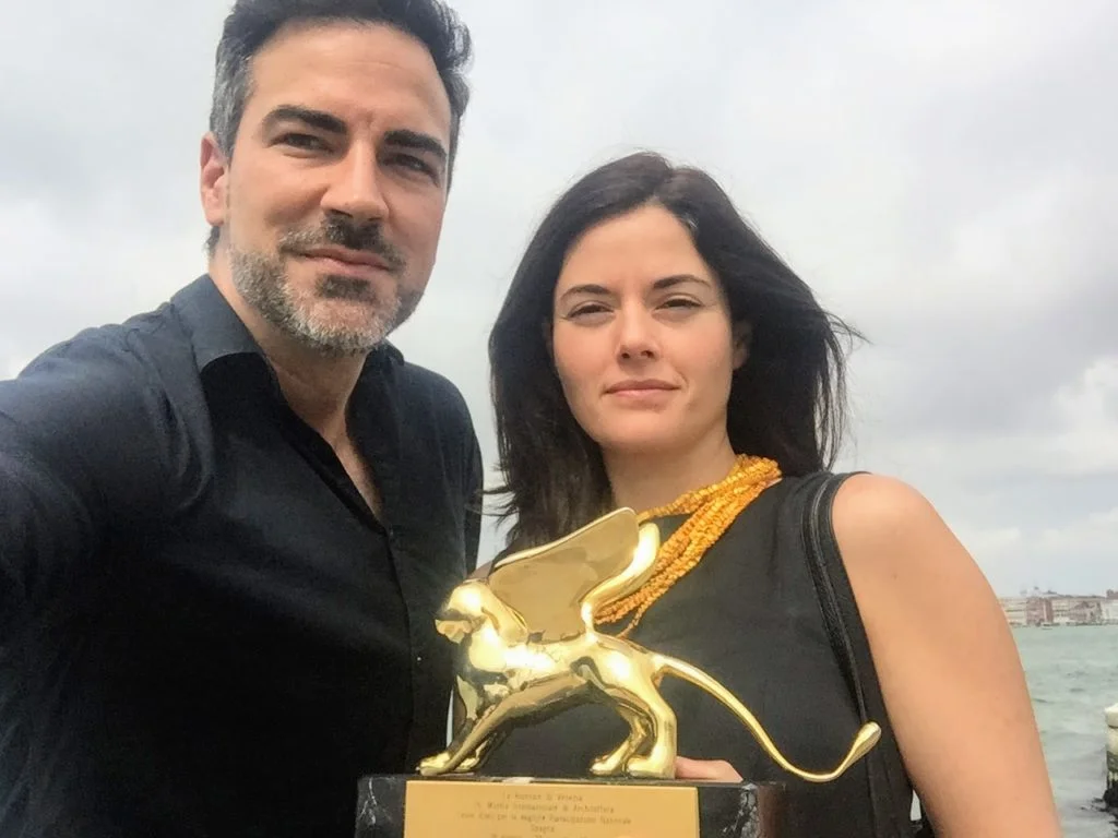 Lorena and Inaqui at the Venice Biennale, with the Golden Lion award for Best National Pavilion, 2016.