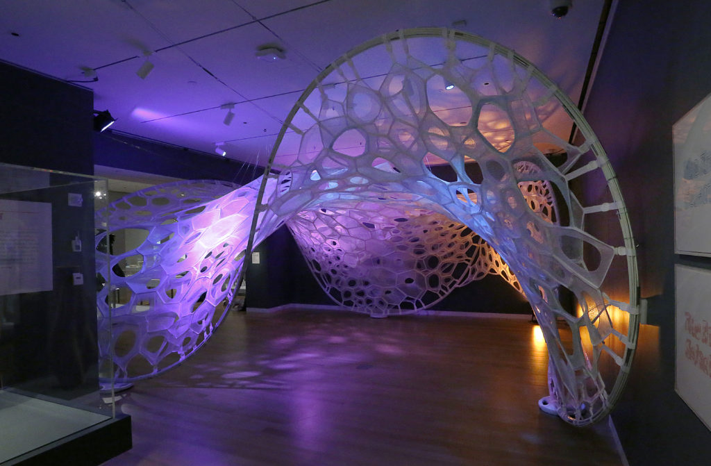 Polythread for Beauty by Jenny Sabin Studio at the Cooper Hewitt Design Triennial, Cooper Hewitt Smithsonian Design Museum, NYC USA. Photography by Bill Staffeld.