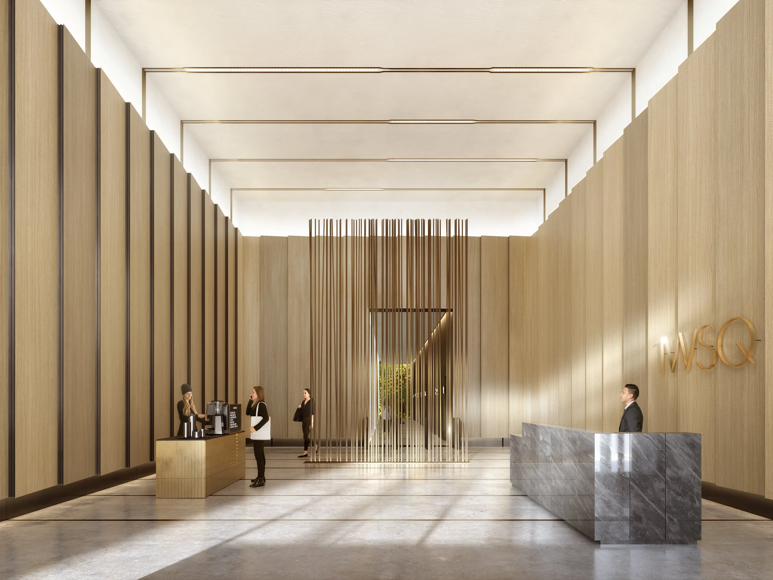 The lobby of the upcoming 1 Willoughby Square. Rendering by DBOX, courtesy of FXCollaborative.