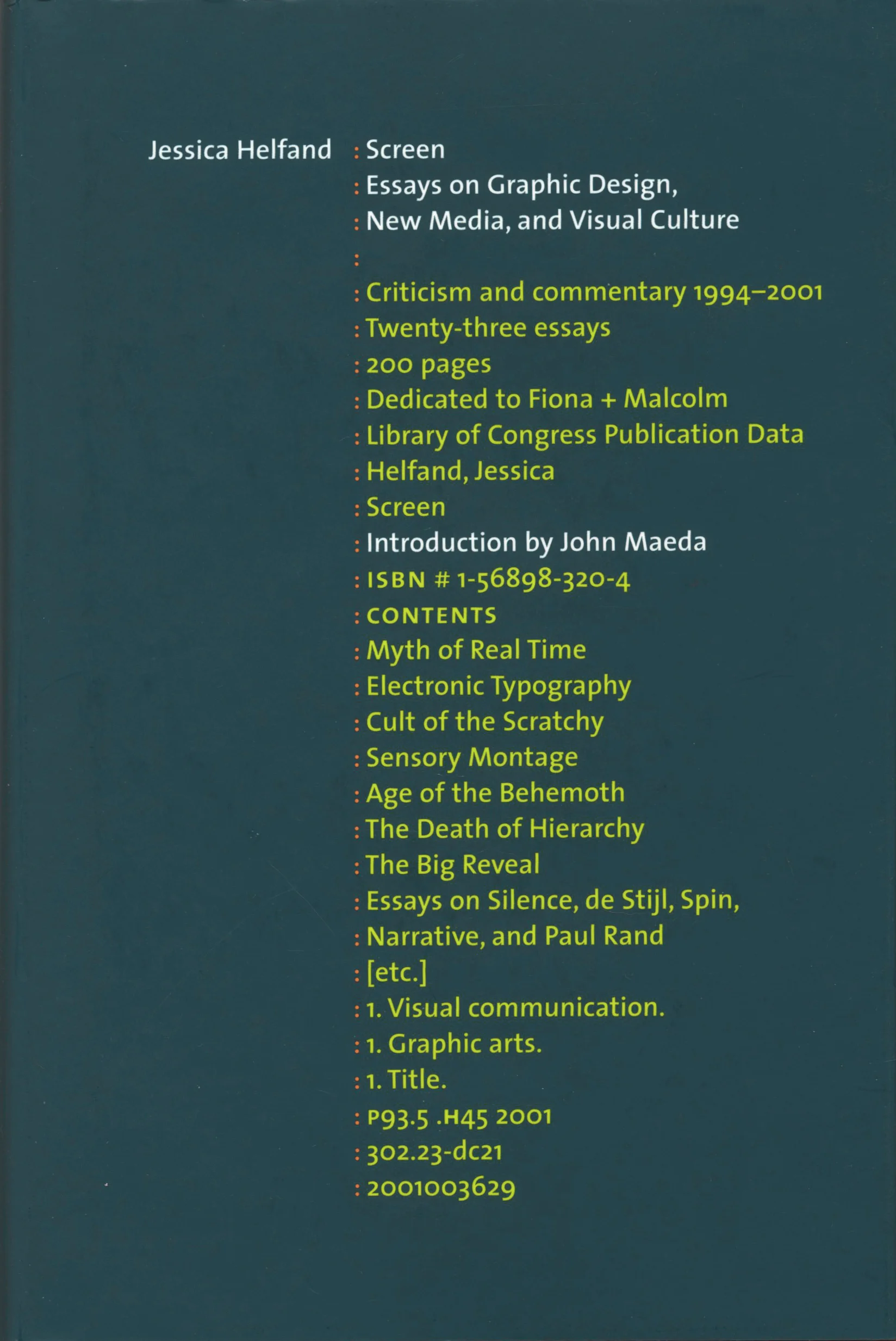 Screen: Essays on Graphic Design, New Media, and Visual Culture , by Jessica Helfand