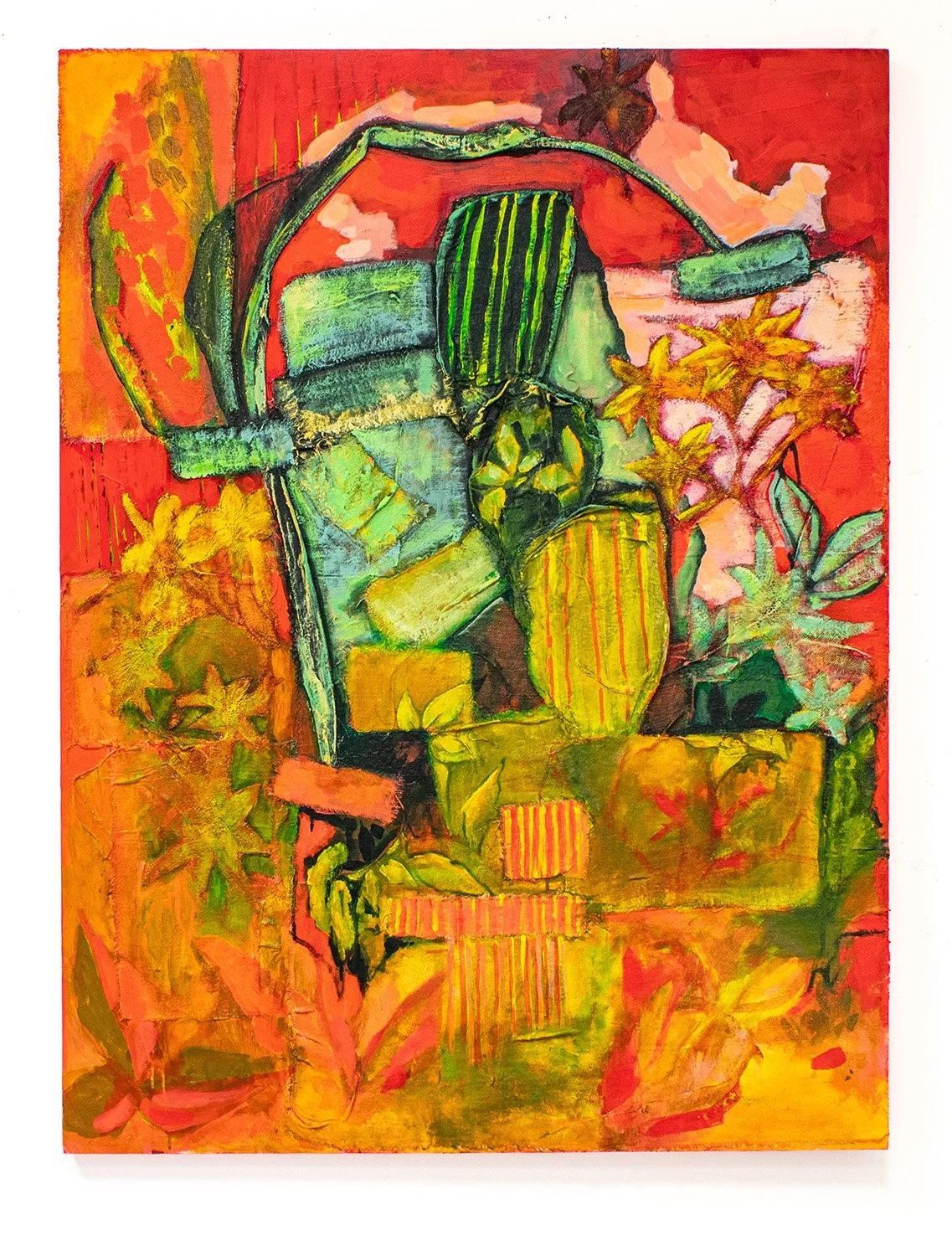 'We all end up the same', 2025, collaged canvas, found fabric, gesso, and acrylic on wood panel, 36”x48”,