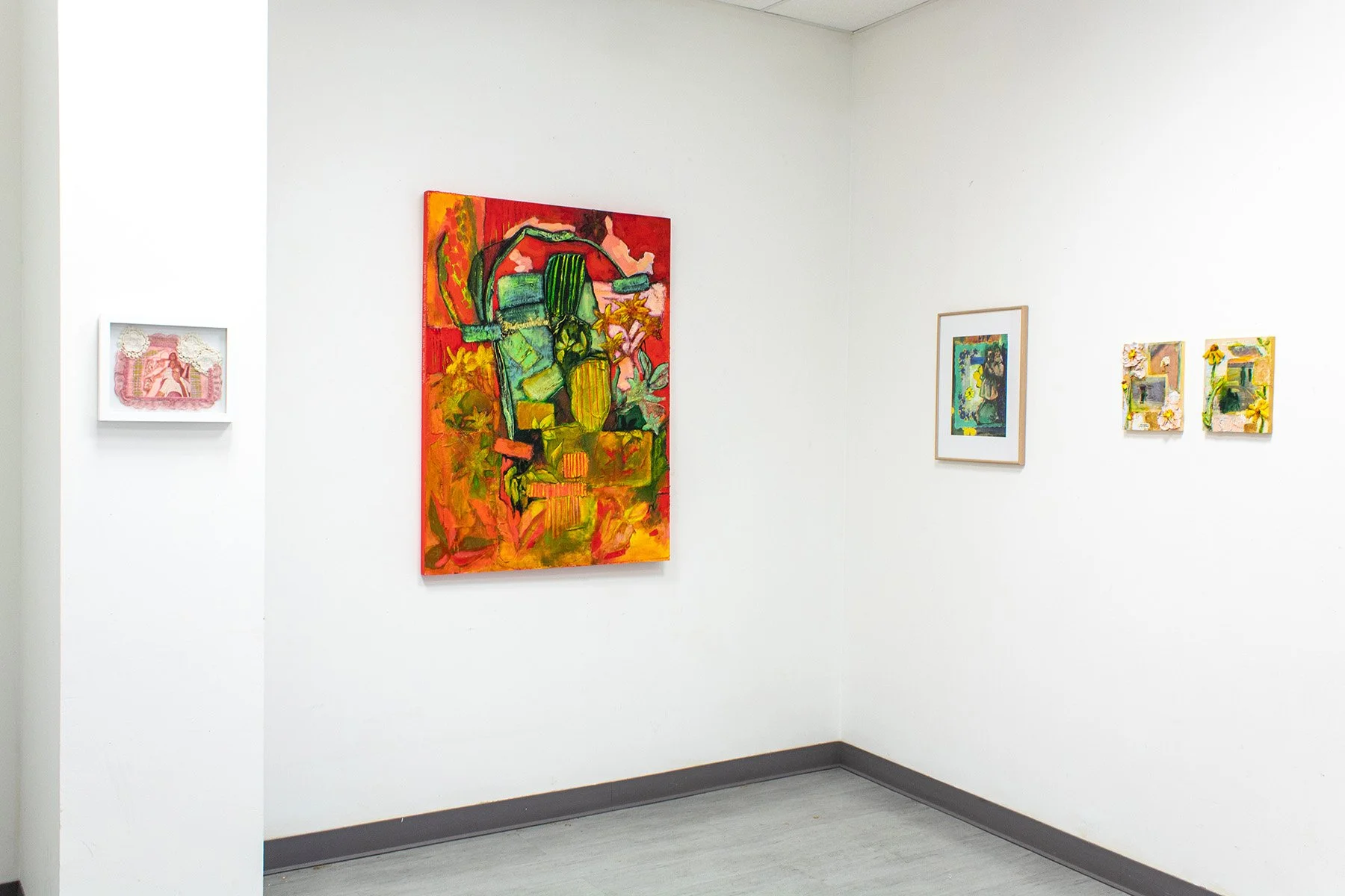 Installation Shot, 2025, 'We all end up the same', 2025, collaged canvas, found fabric, gesso, and acrylic on wood panel, 36”x48”, 'Proud of what we had', 2025, collaged canvas, photographs, gesso, and acrylic on wood panel, 8”x10”,  'The sky is read