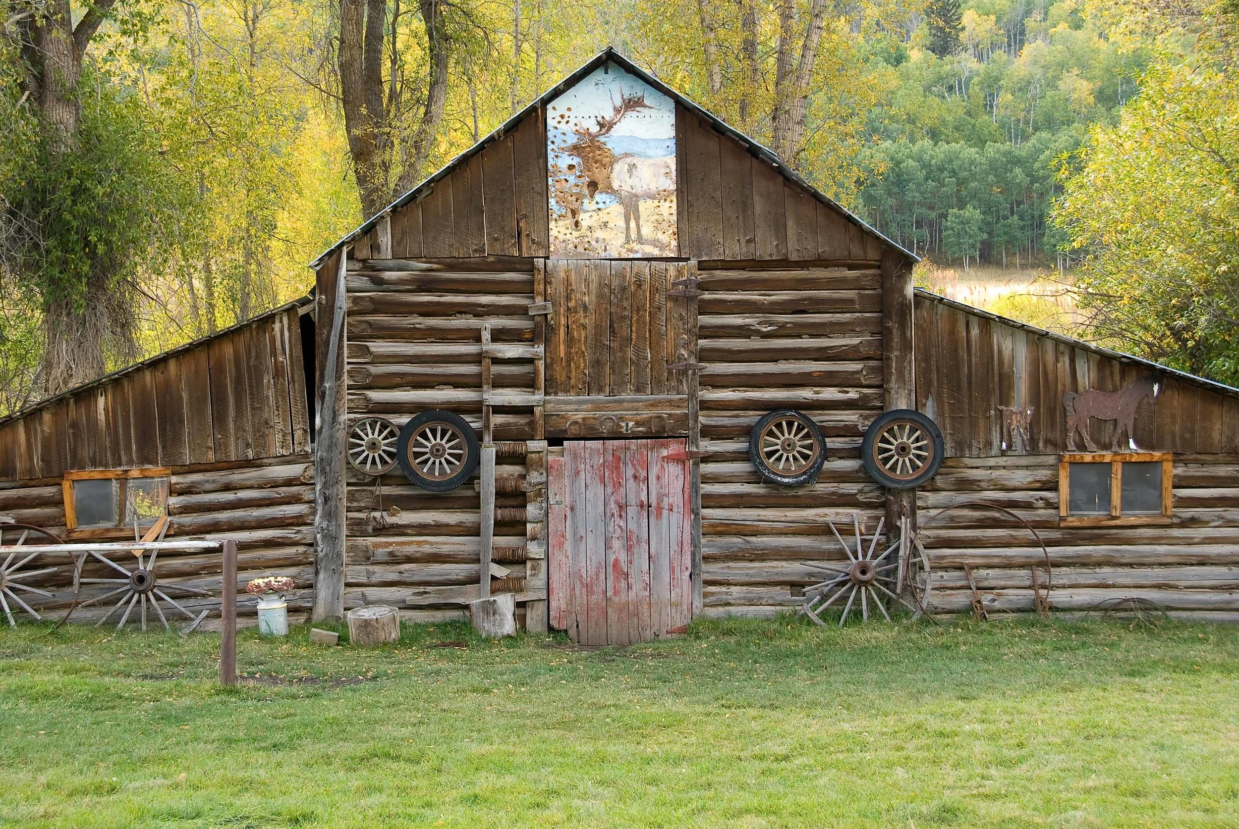 Barn with Elk and Wheels