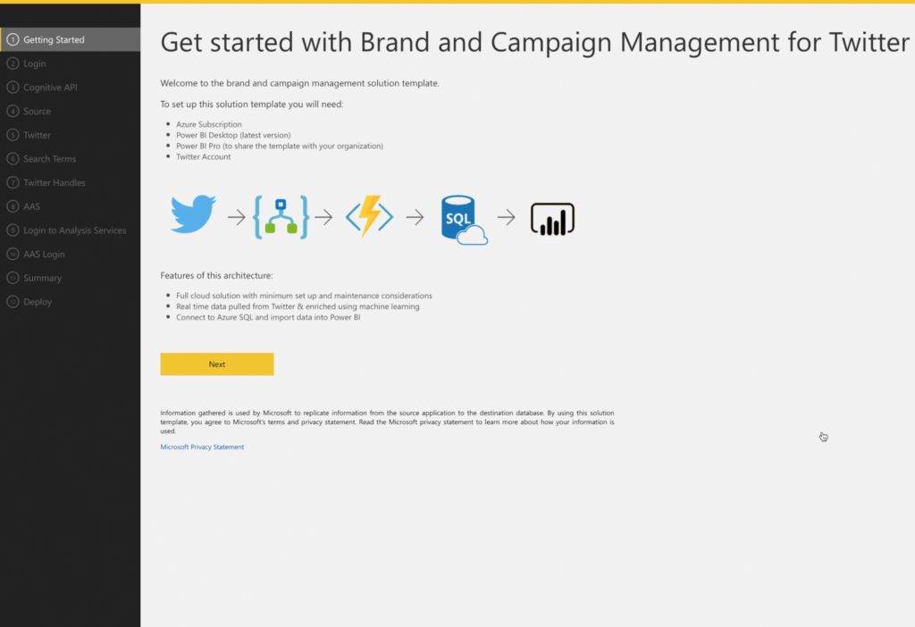 1) Getting Started This page reveals the tools needed (as listed above) and a summary of the features of this solution template for twitter