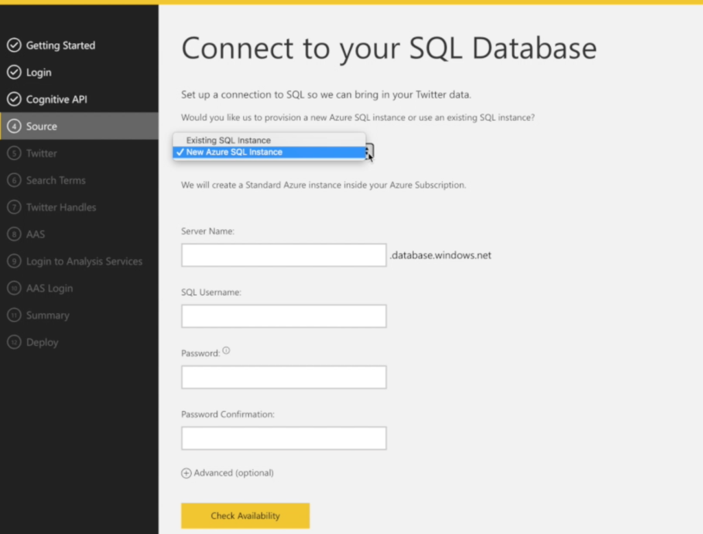 4) Azure SQL Database Typically Solution Templates use either BLOB on Azure SQL for data storage. This step creates a SQL database in Azure SQL in either an existing instance of Azure SQL or it creates a new Azure SQL instance.