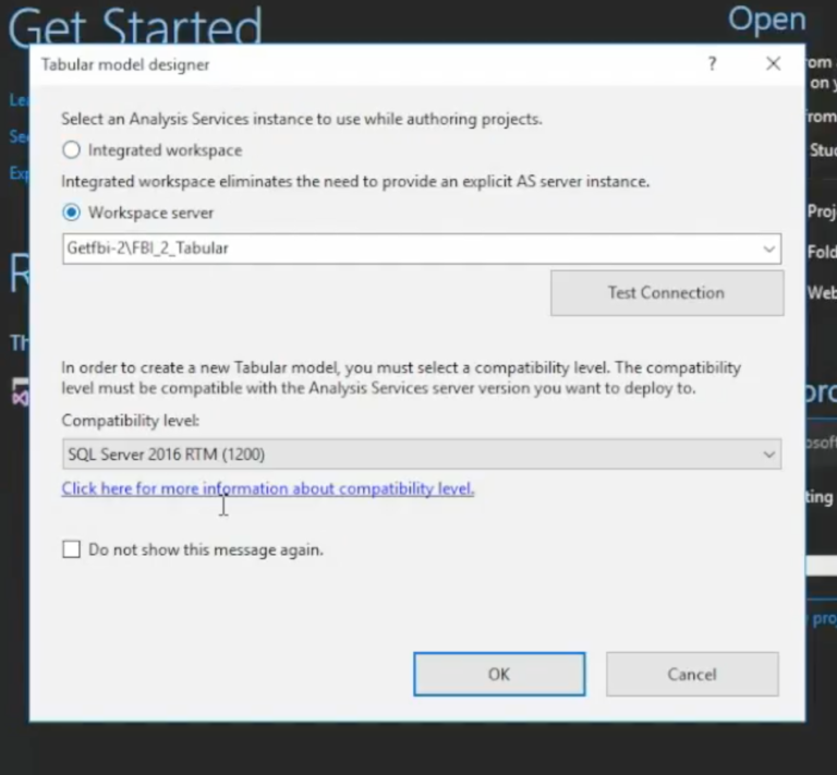 3) Create the Analysis Services Instance Choose 'Workspace Server' and set the Compatibility level to at least 1200. This ensures the model will be compatible with SSAS.