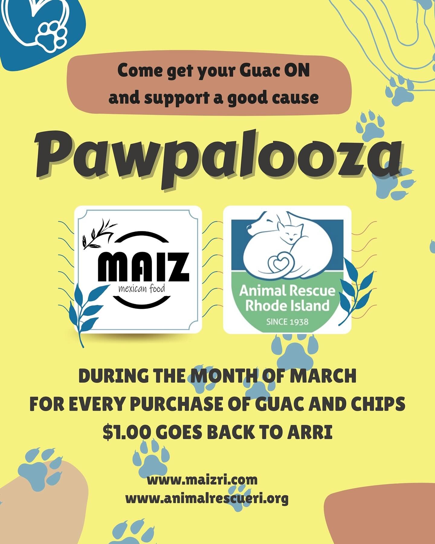 We LOVE our rescues and we bet you do too! 🫶
How about guacamole? 🥑 
We are teaming up with @animalrescueri for the month of March! One dollar of every guacamole and chips purchase for the month will go straight to the rescue! It&rsquo;s like you n