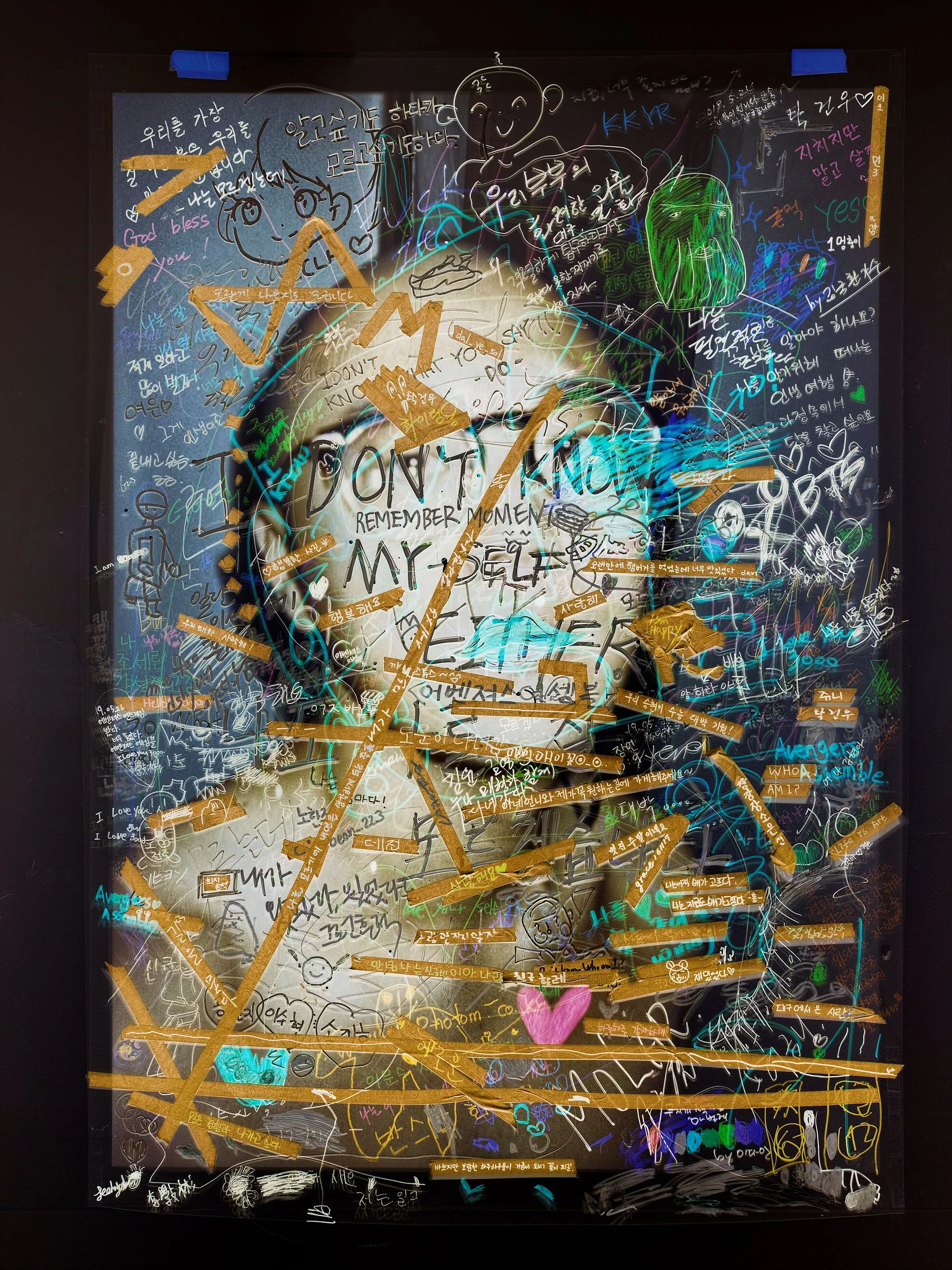 I DON’T KNOW MYSELF EITHER (190512-190526 Jeonju) 84 x 118 cm UV print on OHP film, Oil based marker, Masking tape, Distemper 2019
