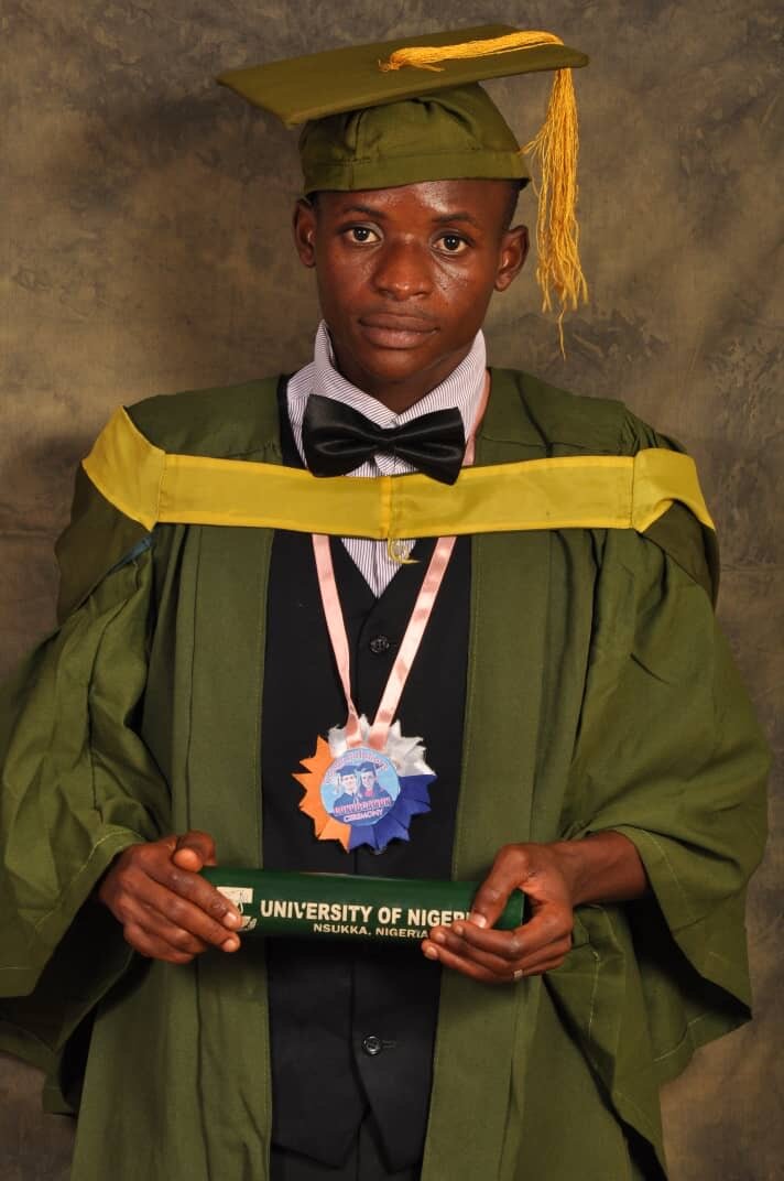 Graduation picture. His GPA put him in the top two of all graduating students in the University of Nigeria, Nsukka for the 2017/2018 academic session. He was the best student in both the Department of Mathematics and the Faculty of Physical Sciences.
