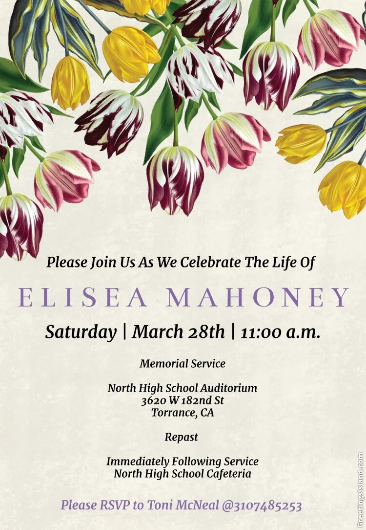 Elisea Mahoney Memorial Service (Postponed Due to Coronavirus Mandate from State and County Health Departments)