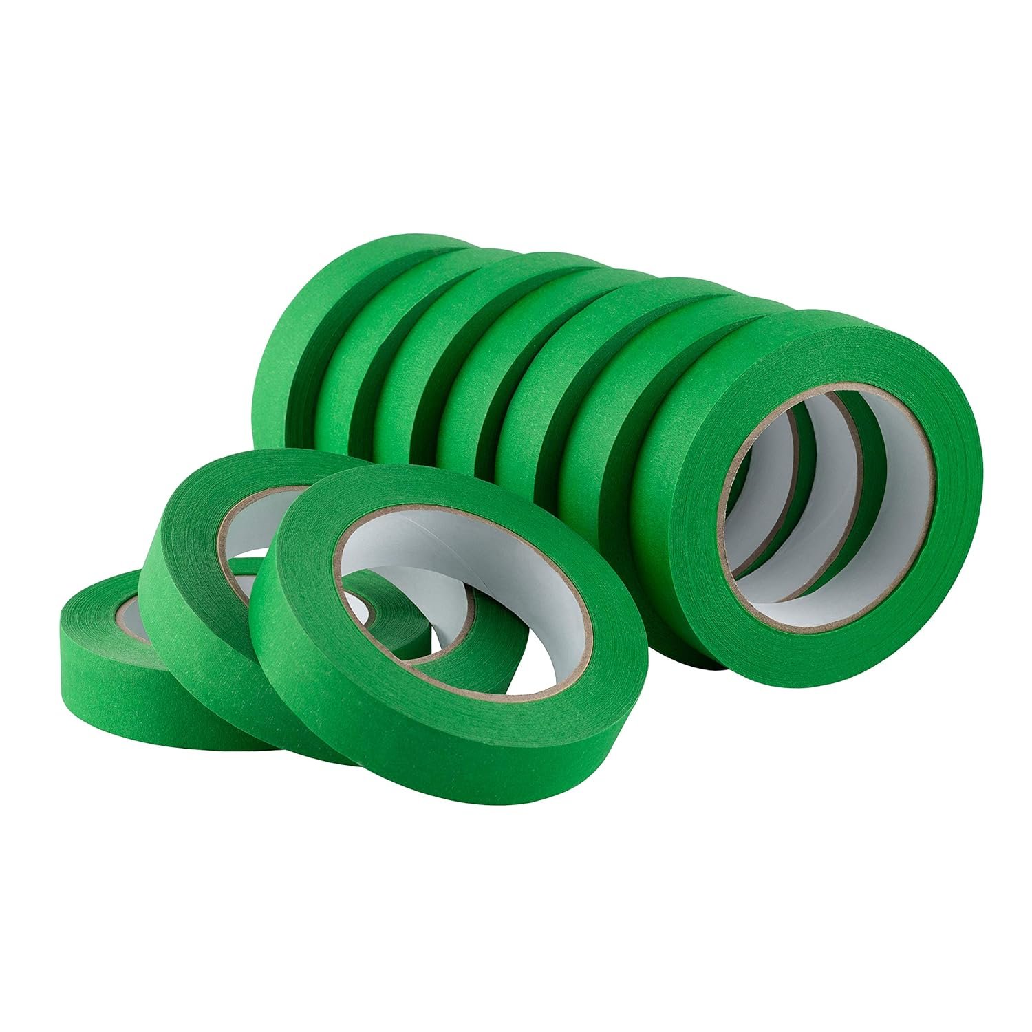 Green rolls of masking tape stacked and arranged.