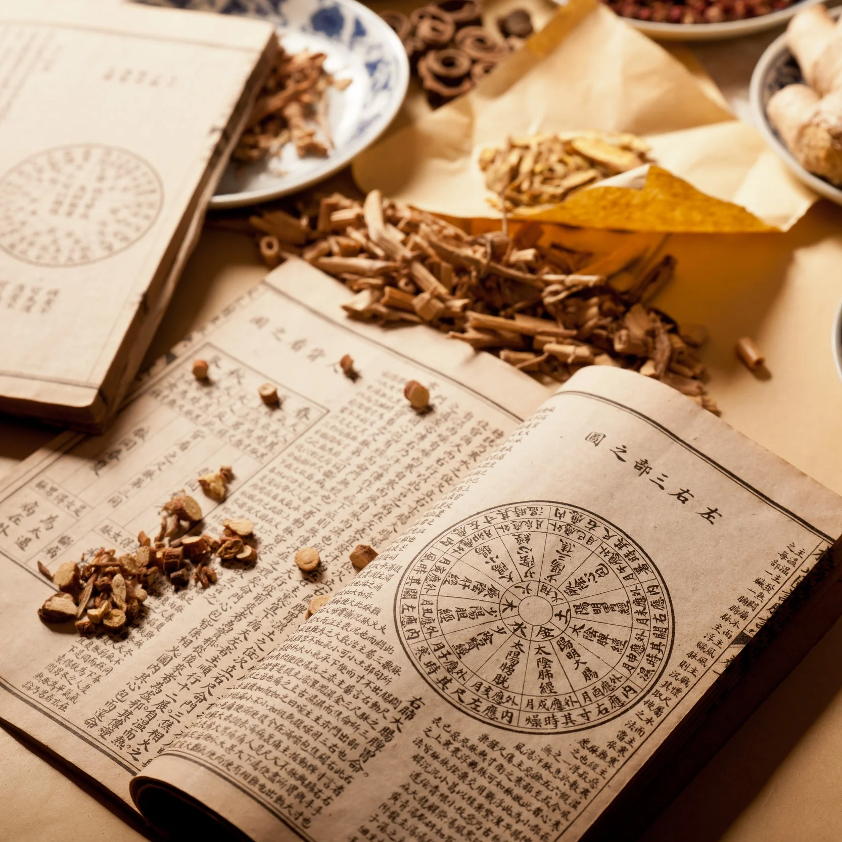 Chinese herbs scattered across a traditional Chinese medicine book
