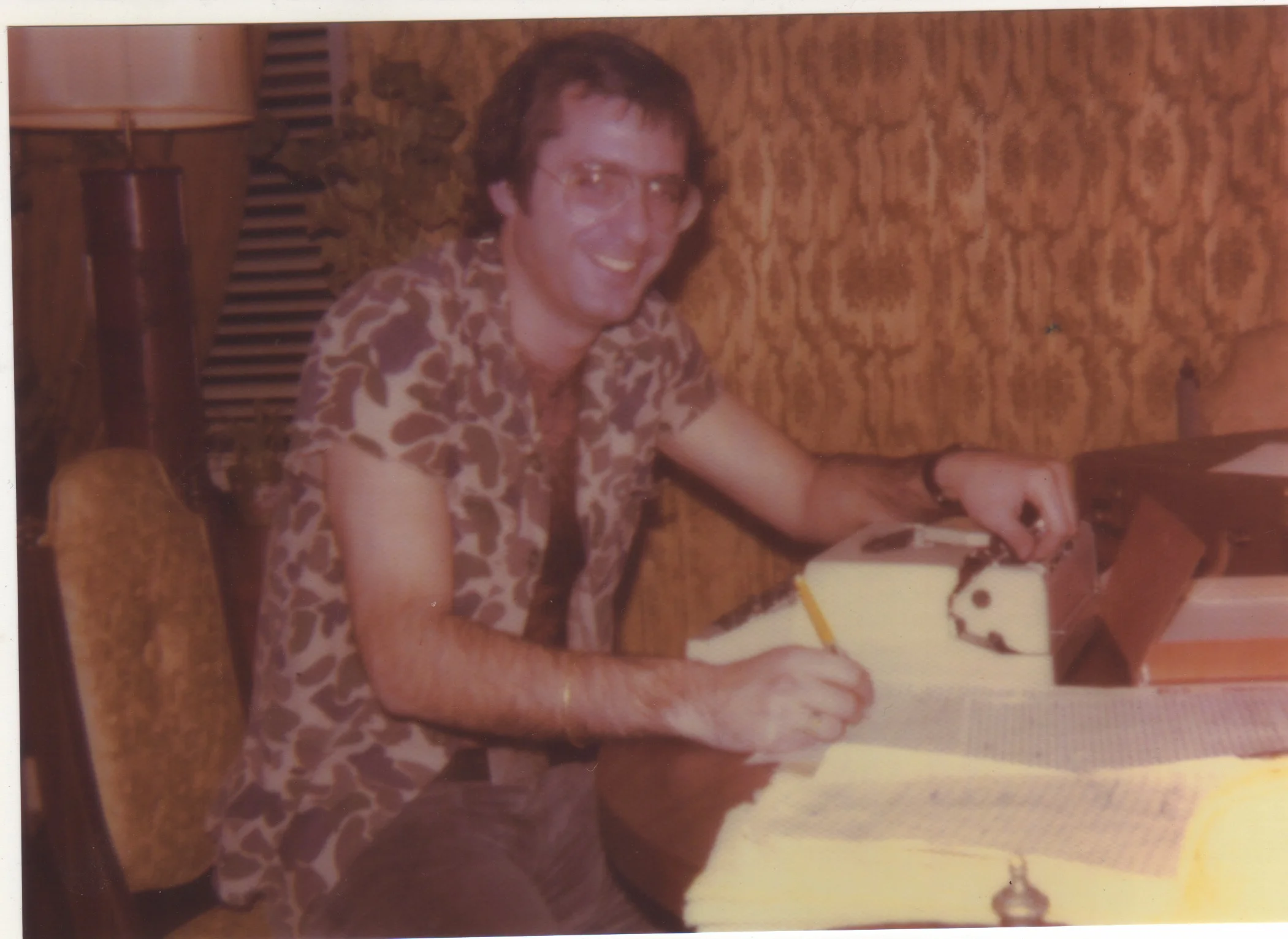 The author writing PUSHKIN SHOVE in New York City, in 1983.