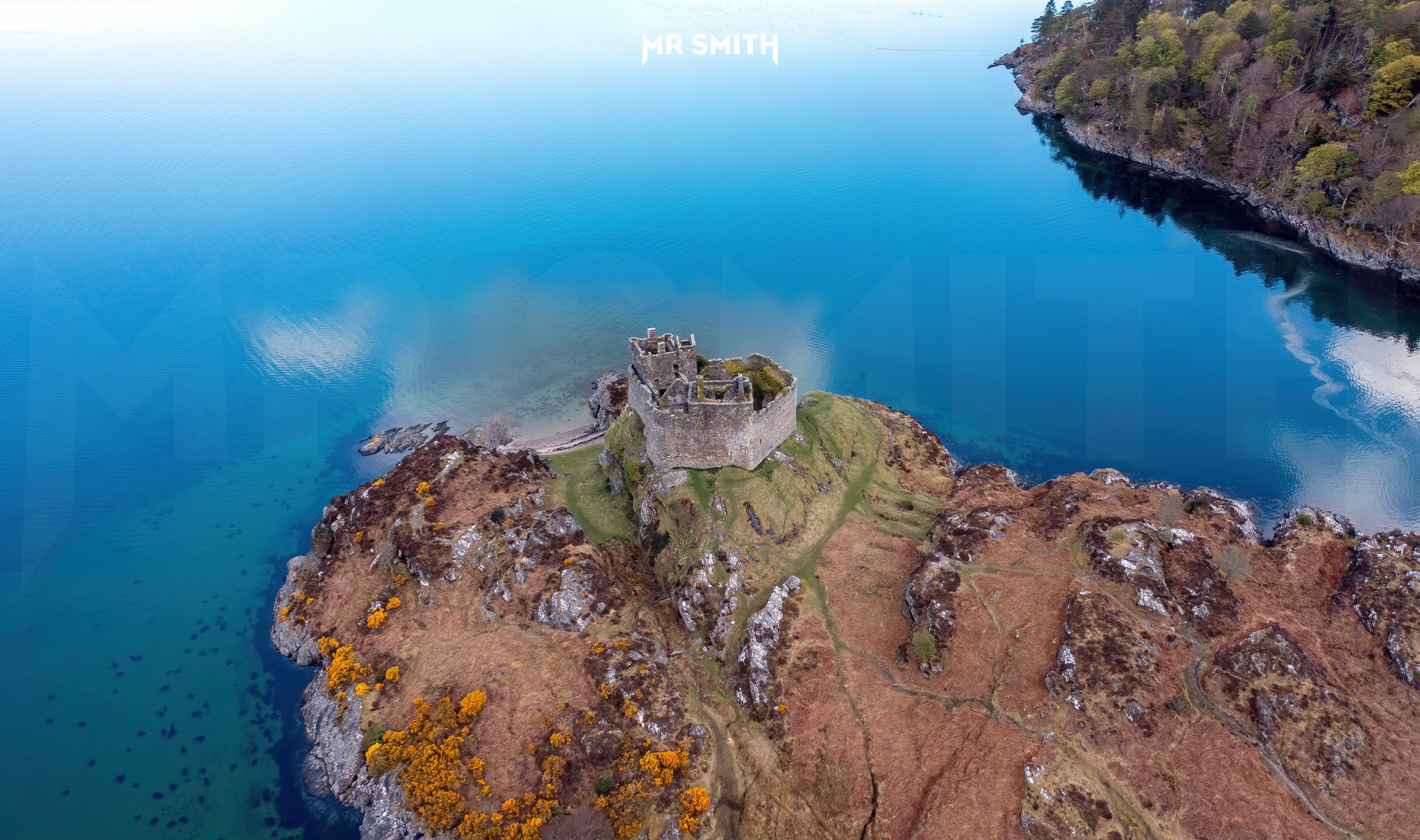 Aerial view of Castle Tioram in the Scottish Highlands
