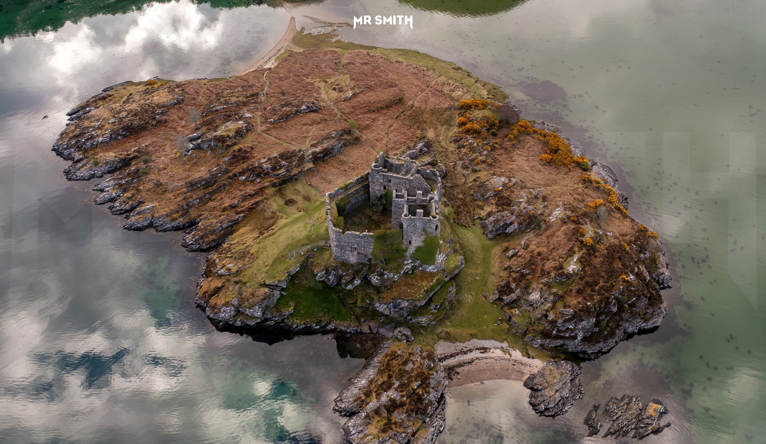 Aerial view of Castle Tioram in the Scottish Highlands