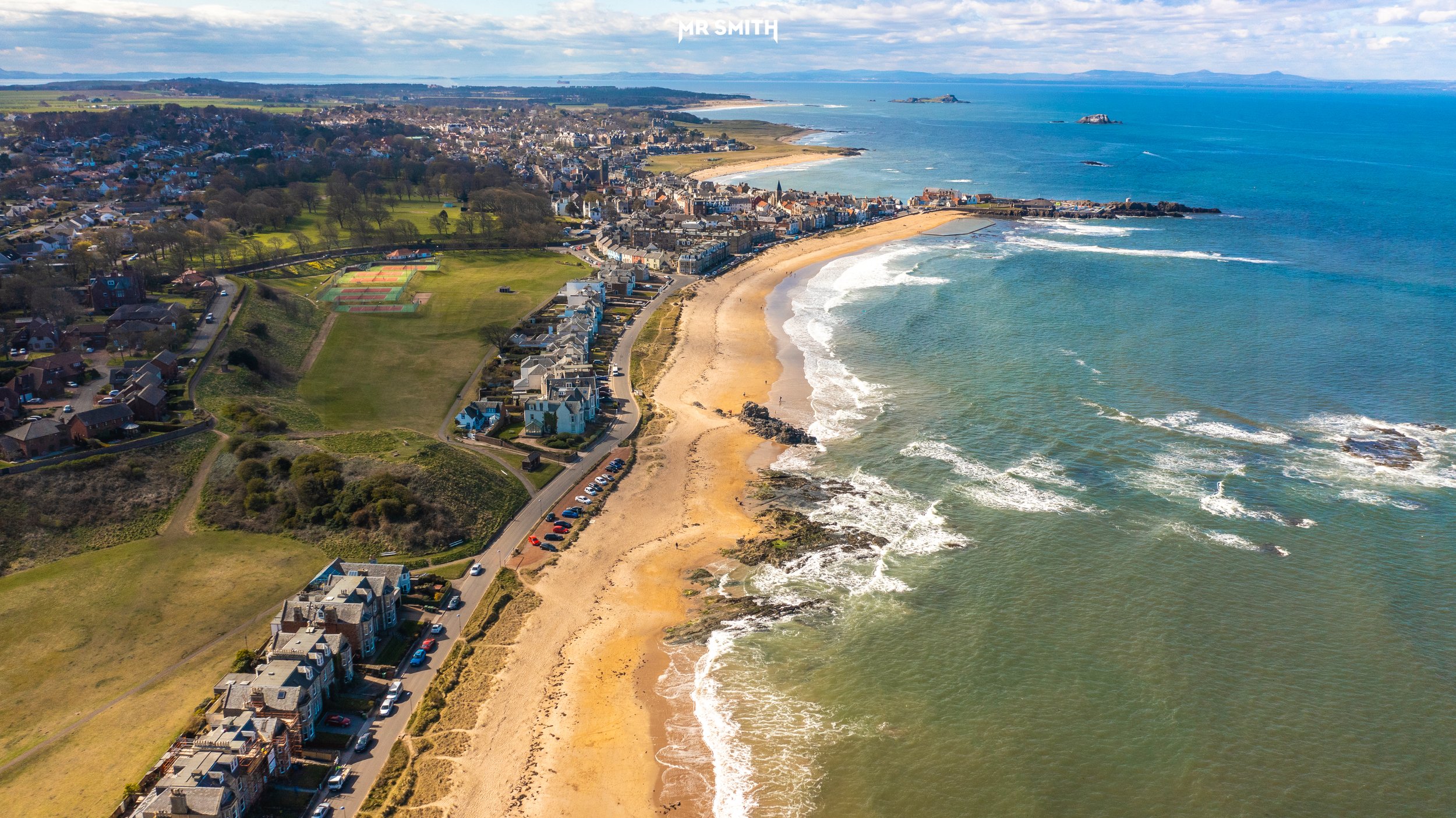 Aerial view of North Berwick beach in East Lothian, Scotland