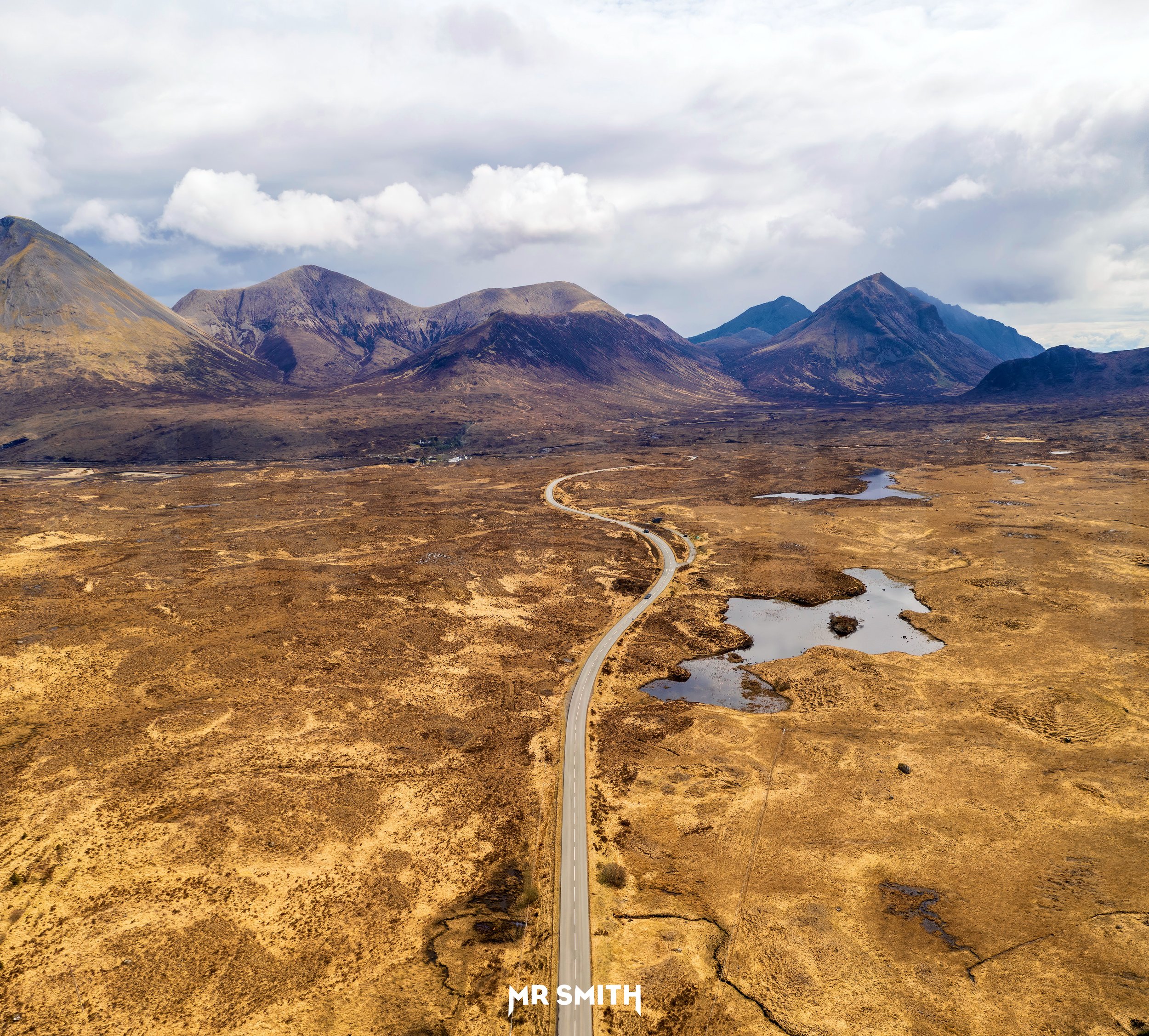 Aerial view of roads and mountains on the Isle of Skye